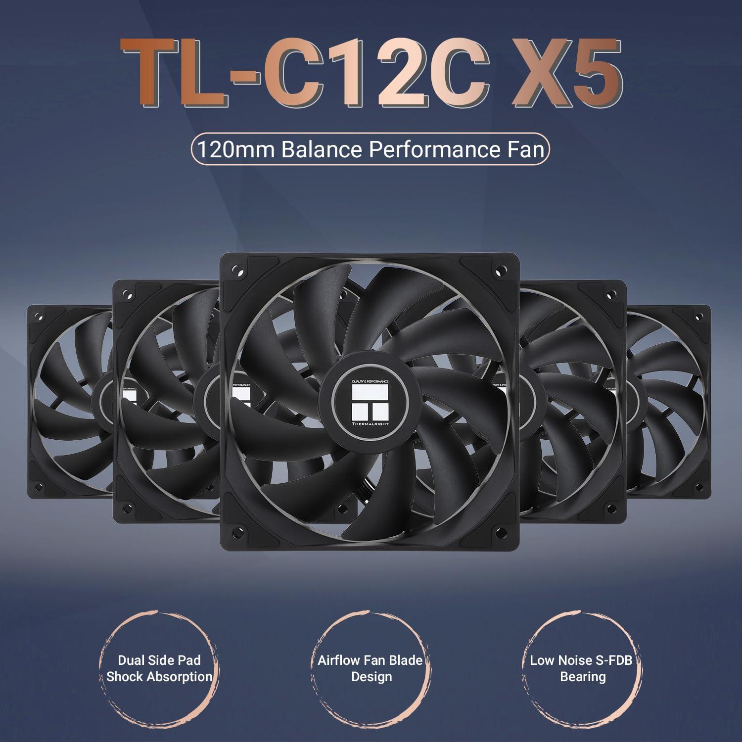 Thermalright Thermalright TL-C12C X5 CPU Fan,Black Cooling, Fan in The unlit VersionEstablish Ties or Contact PC Fan with 1550RPM Speed, 120mm Computer Case Cooler,PWM Control for Case and Liquid Cooler