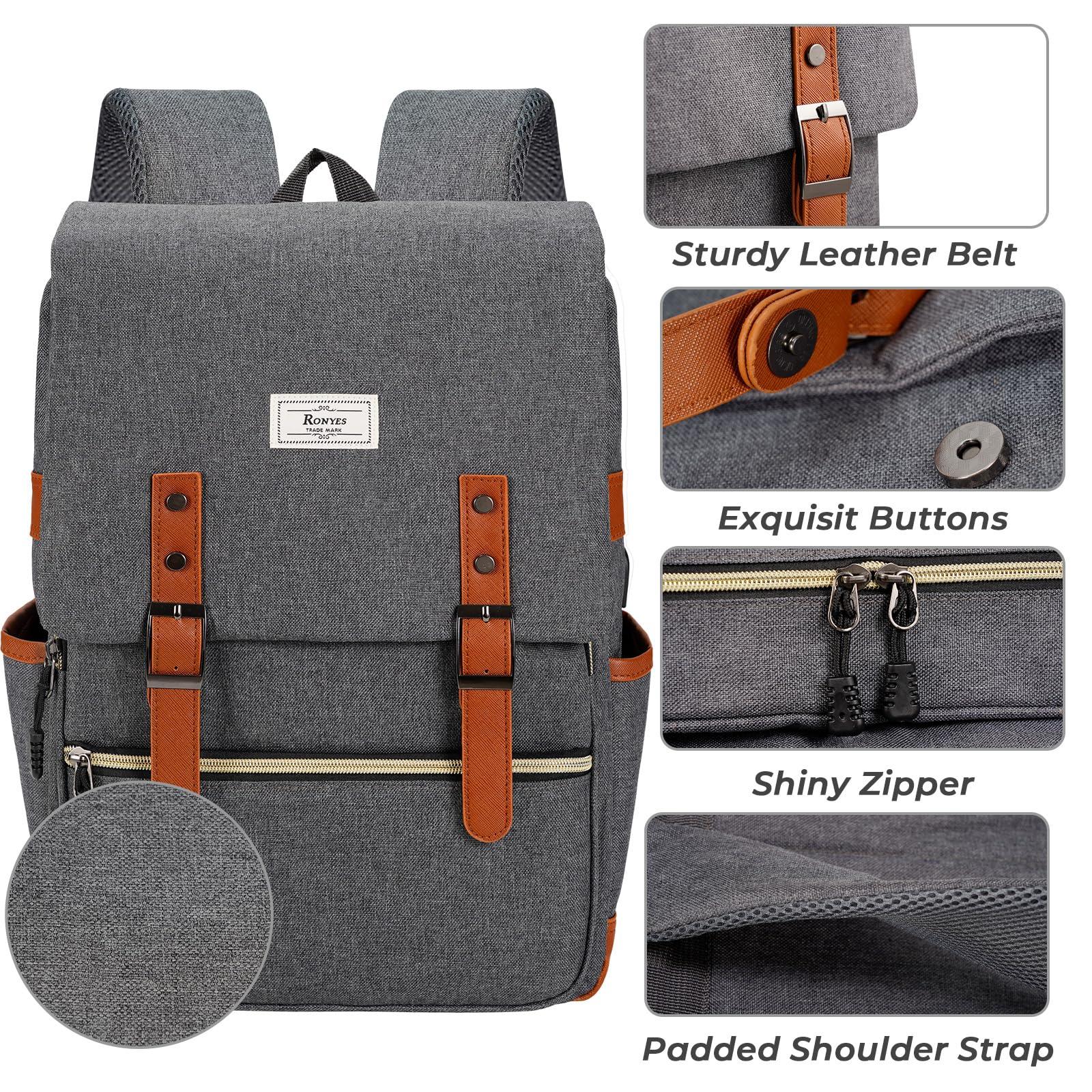Ronyes Ronyes Vintage Laptop Backpack for Women Men,15.6 inch Bookbag Casual Daypack with USB Charging Port for College Work, Grey Backpacks