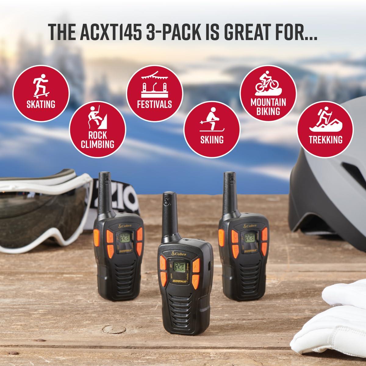 Cobra Cobra ACXT145-3 Compact Walkie Talkies - Rechargeable, Lightweight, 22 Channels, Long Range 16-Mile Two-Way Radio Set (3-Pack), Black