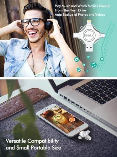 iDiskk [MFi Certified] 128GB Flash Drive for iPhone iPad USB 3.0 Lightning Drive 4 in 1 Multi Functional External Storage for iOS and Android Samsung Phones Type c Devices and MacBook idiskk Thumb Drive