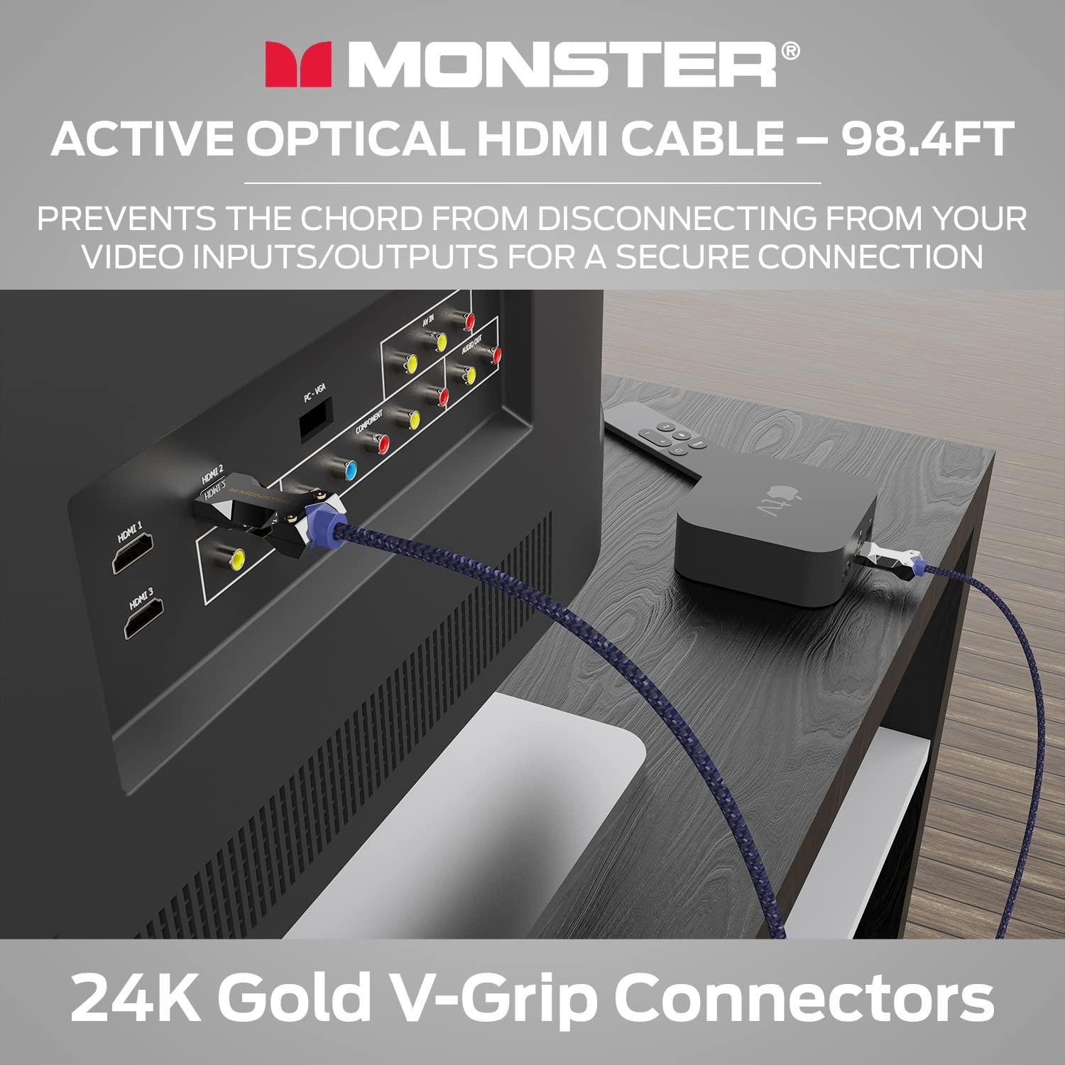 Monster Monster M-Series Active Optical Lightwave Cable Certified Premium HDMI 2.1-48 Gbps Cable with Aluminum Extrusion Connector, V-Grip, Duraflex Protective Jacket - Supports 8K @ 60HZ, 4K @ 120HZ, 98.4 FT