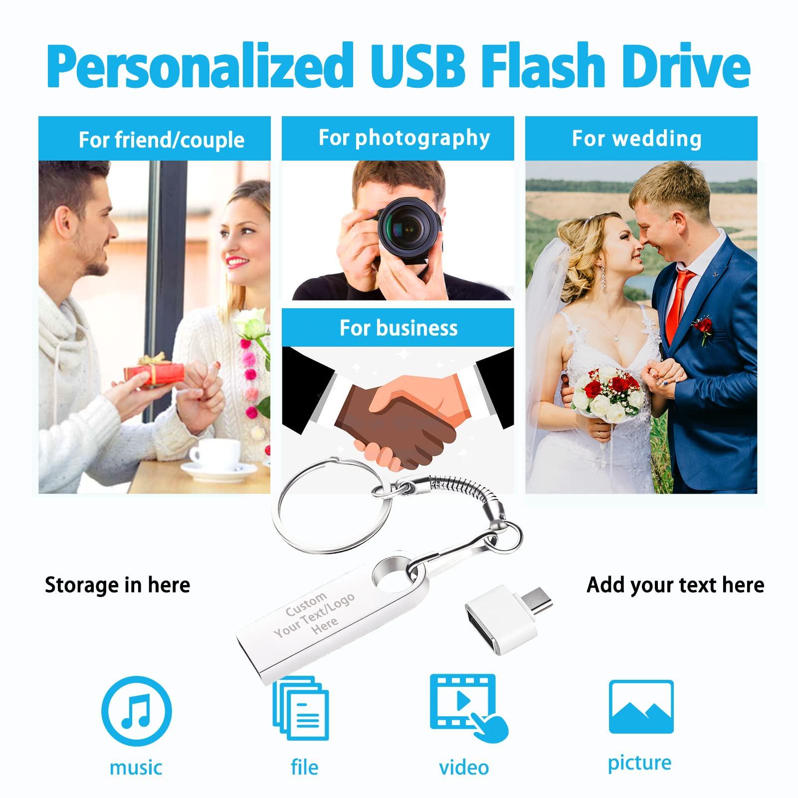 Bucenale Custom Logo USB 2.0 Flash Drive Bulk Personalized USB Thumb Drive with Keychain and USB C Adapter Engraved Free Metal Pen Drive - as Promotional Gift 50 Pack Wholesale(4GB,25PCS Silver+25PCS Gold)