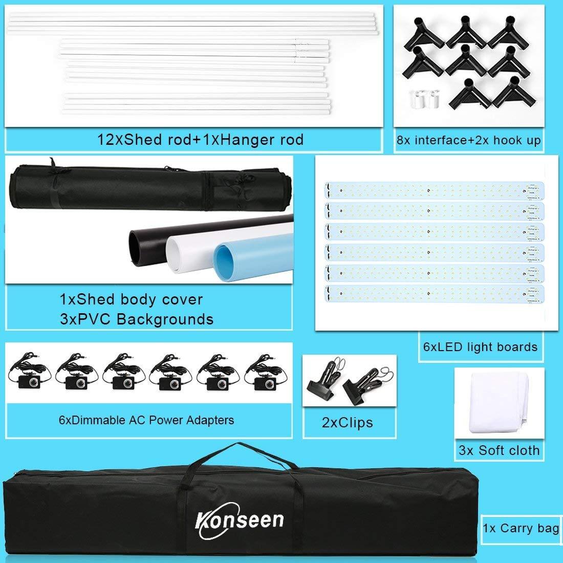 Konseen Professional 47"x20"x55" Photo LED Large Cube Shooting Tents Photography Continuous Lighting Flashery Video Studio Dimmable Lightbox Softbox with 3 Colors PVC Backdrops and Carrying Bag