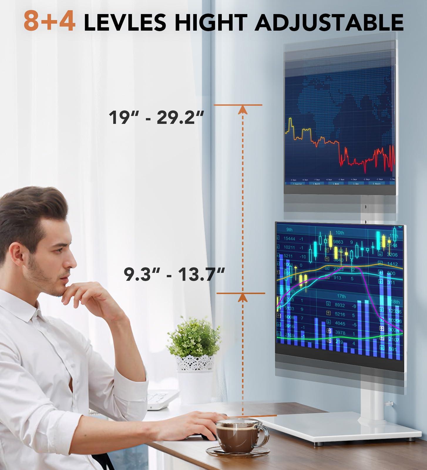 Hemudu Dual Monitor Stand - Vertical Stack Screen Free-Standing Monitor Riser Fits Two 13 to 34 Inch Screen with Swivel, Tilt, Height Adjustable, Holds One (1) Screen up to 44Lbs HT05W-002 White