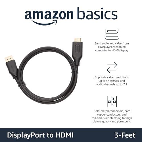 Amazon Basics Amazon Basics DisplayPort (Source) to HDMI (Display) Cable, Uni-Directional, 3 Foot, Black