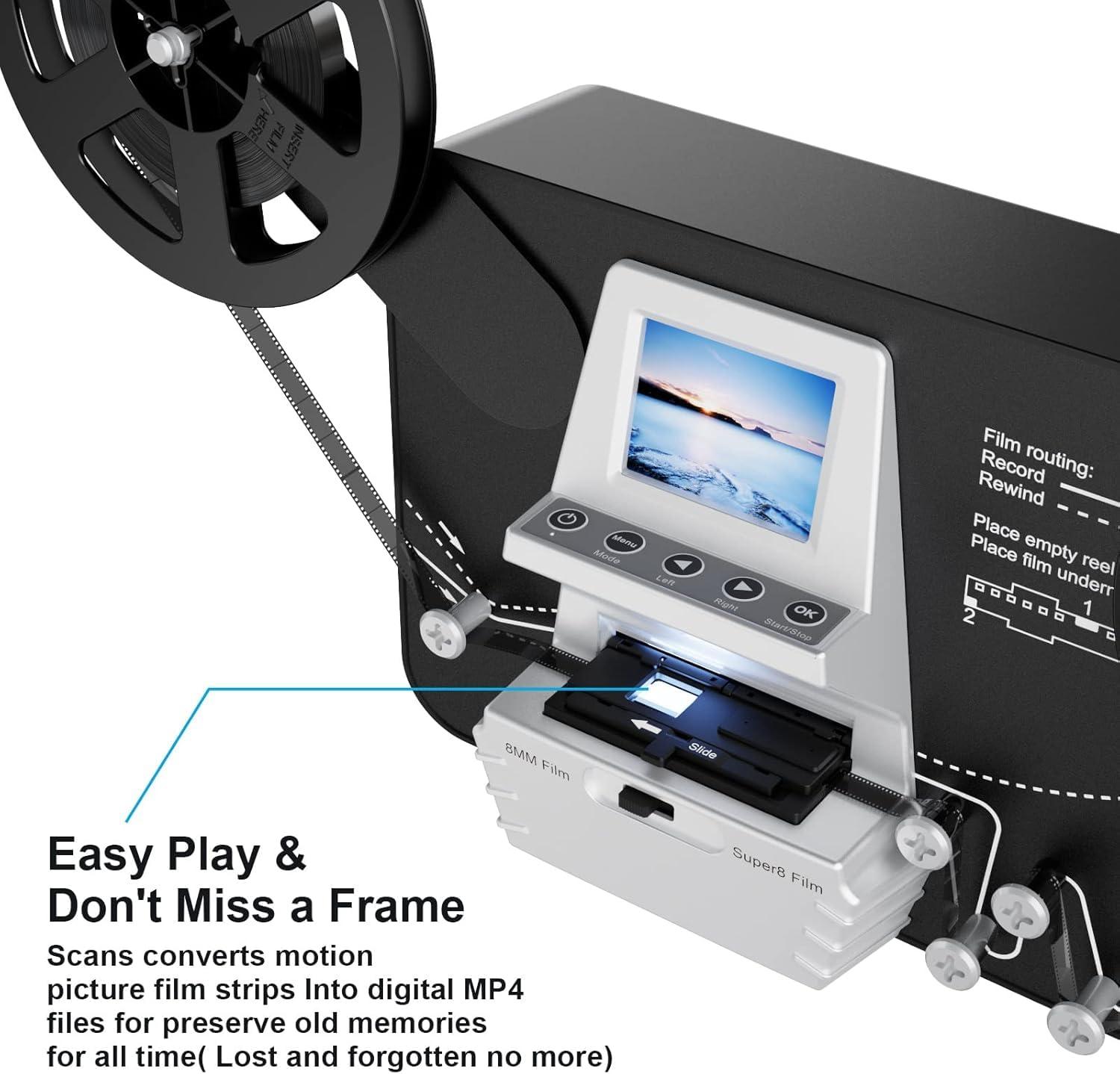 eyesen 8mm & Super 8 Film to Digital Converter, Film Scanner Digitizer with 2.4\" Screen, Convert 3 5 7 9 Reels into 1080P Digital MP4 Files,Sharing & Saving on 32GB SD Card