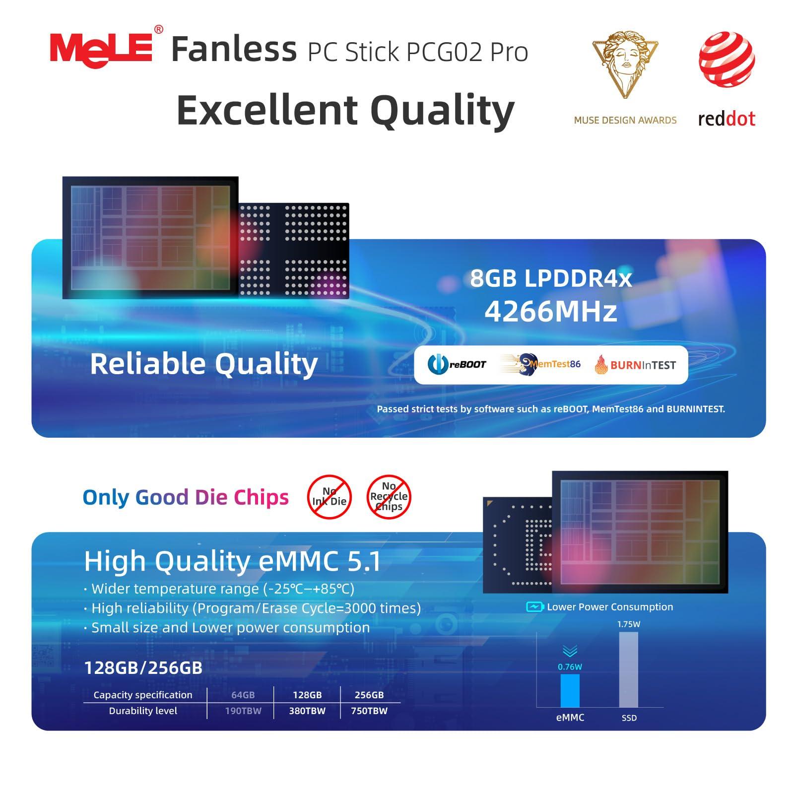 MeLE MeLE Reddot Winner PCG02 Pro Fanless N100 Mini PC Stick 8GB LPDDR4x 128GB eMMC Micro Computer 2X HDMI 4K WiFi 5 BT5.1 Gigabit Ethernet, Support PD3.0 Protocol, on IoT, NAS, Digital Signage, MES, WMS