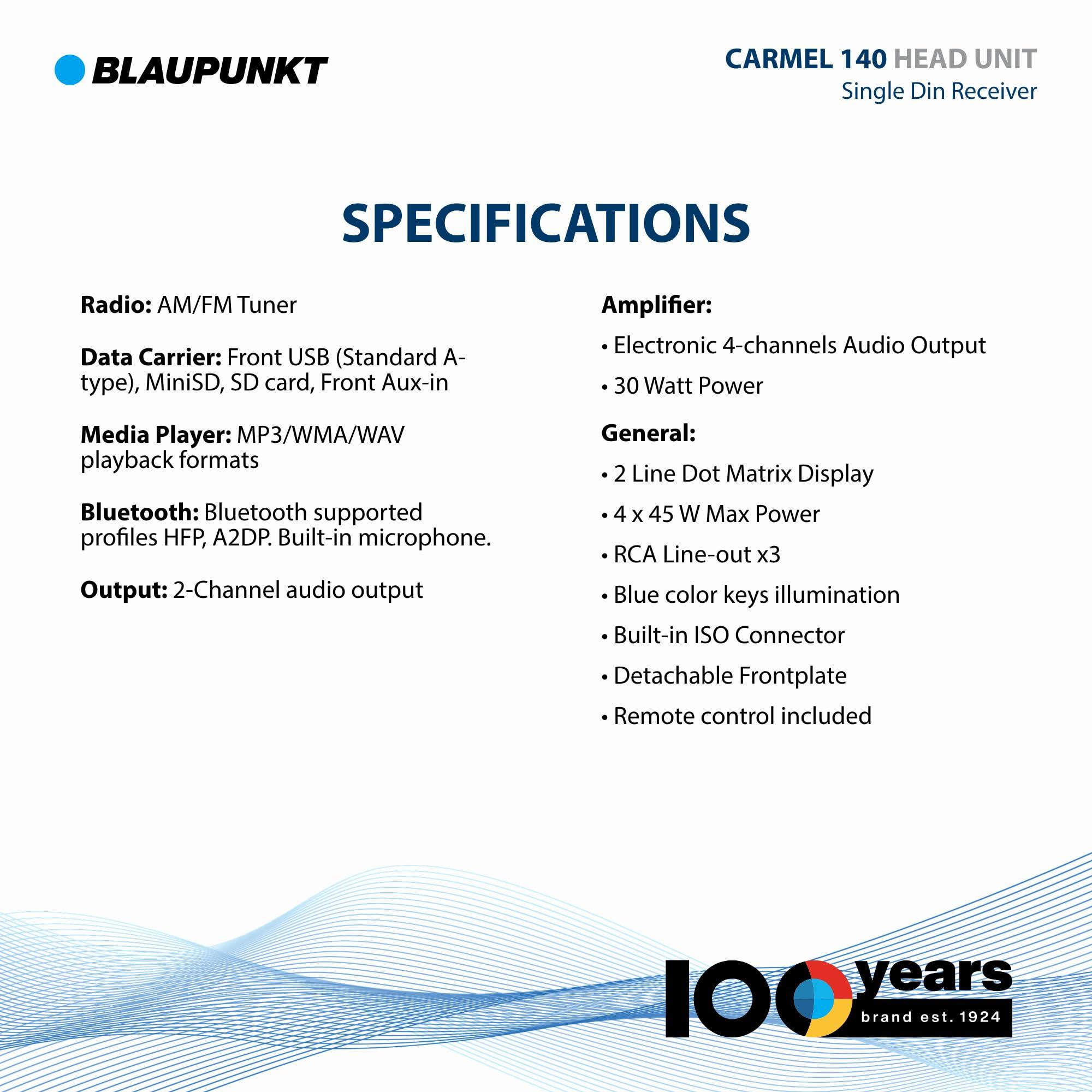 BLAUPUNKT BLAUPUNKT Carmel 140 Single Din Multimedia DVD CD MP3 Receiver Front USB Port - Black