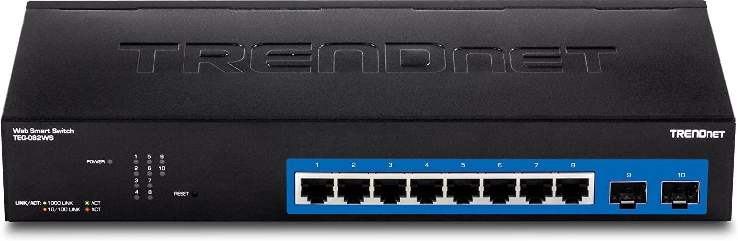 TRENDnet TRENDnet 10-Port Gigabit Web Smart Switch, 20 Gbps Switching Capacity, 8 x RJ-45 Ports, 2 x SFP, Slots, VLAN, QoS, LACP, IPv6 Support, Fanless, Rack Mountable, Lifetime Protection, TEG-082WS Black