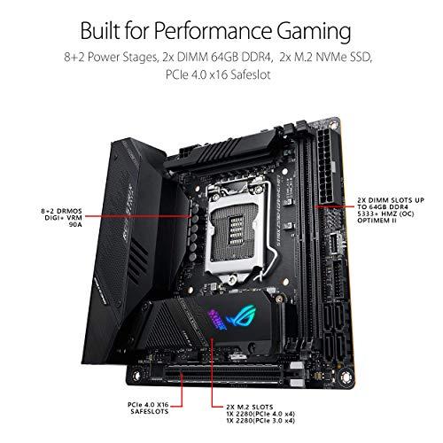ASUS ROG Strix Z590-I Gaming WiFi 6E LGA 1200 (Intel® 11th/10th Gen) mini-ITX gaming motherboard (PCIe 4.0, 8+2 power stages,Thunderbolt 4 Onboard,2.5 Gb LAN, USB 3.2 Gen 2 front panel Type-C,2x M.2 slots)