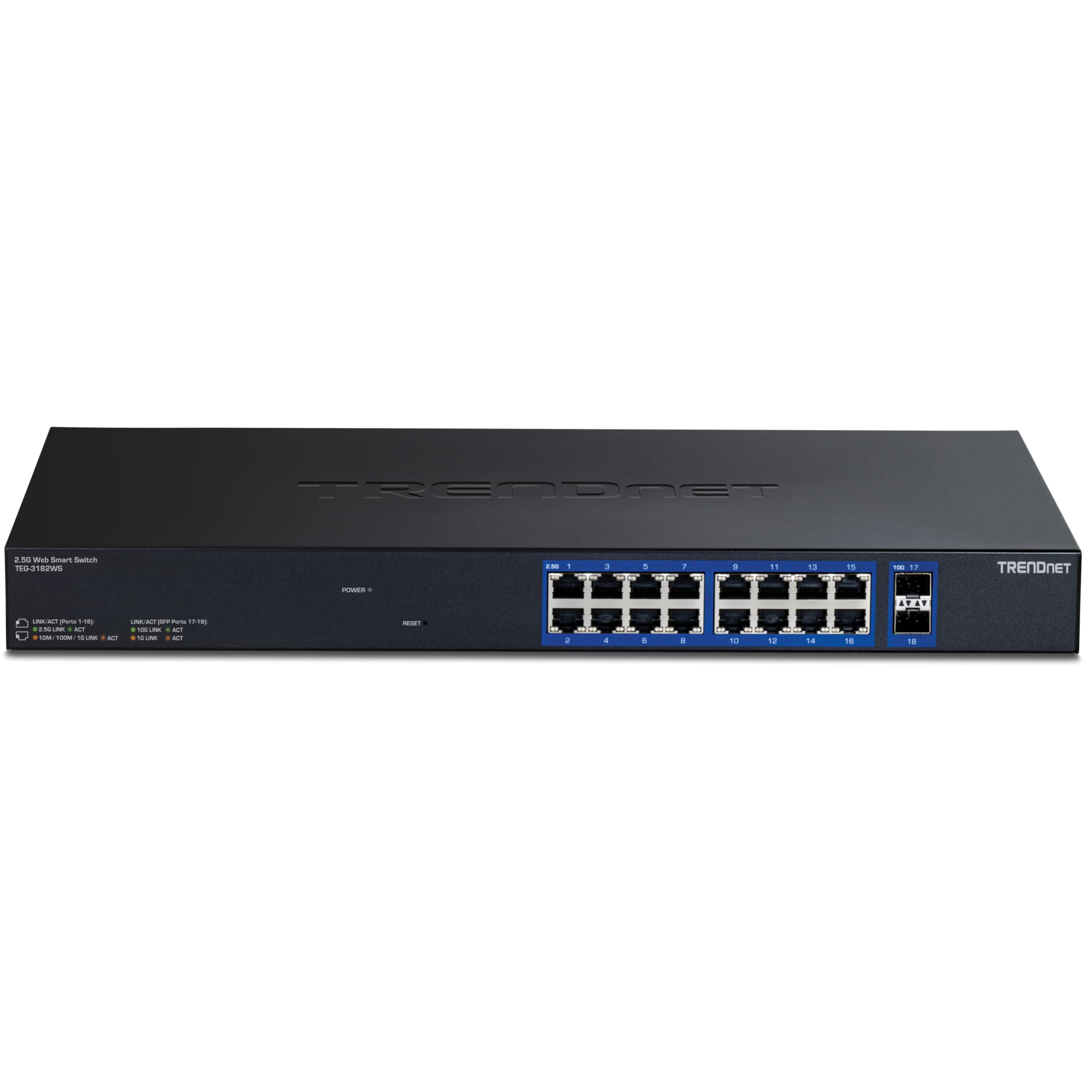 TRENDnet TRENDnet 18-Port Multi-Gig Web Smart Switch, TEG-3182WS, 16 x 2.5Gb Ports, 2 x 10Gb SFP+ Ports, NDAA TAA Compliant, Lifetime Protection, Remote Cloud Management, Black