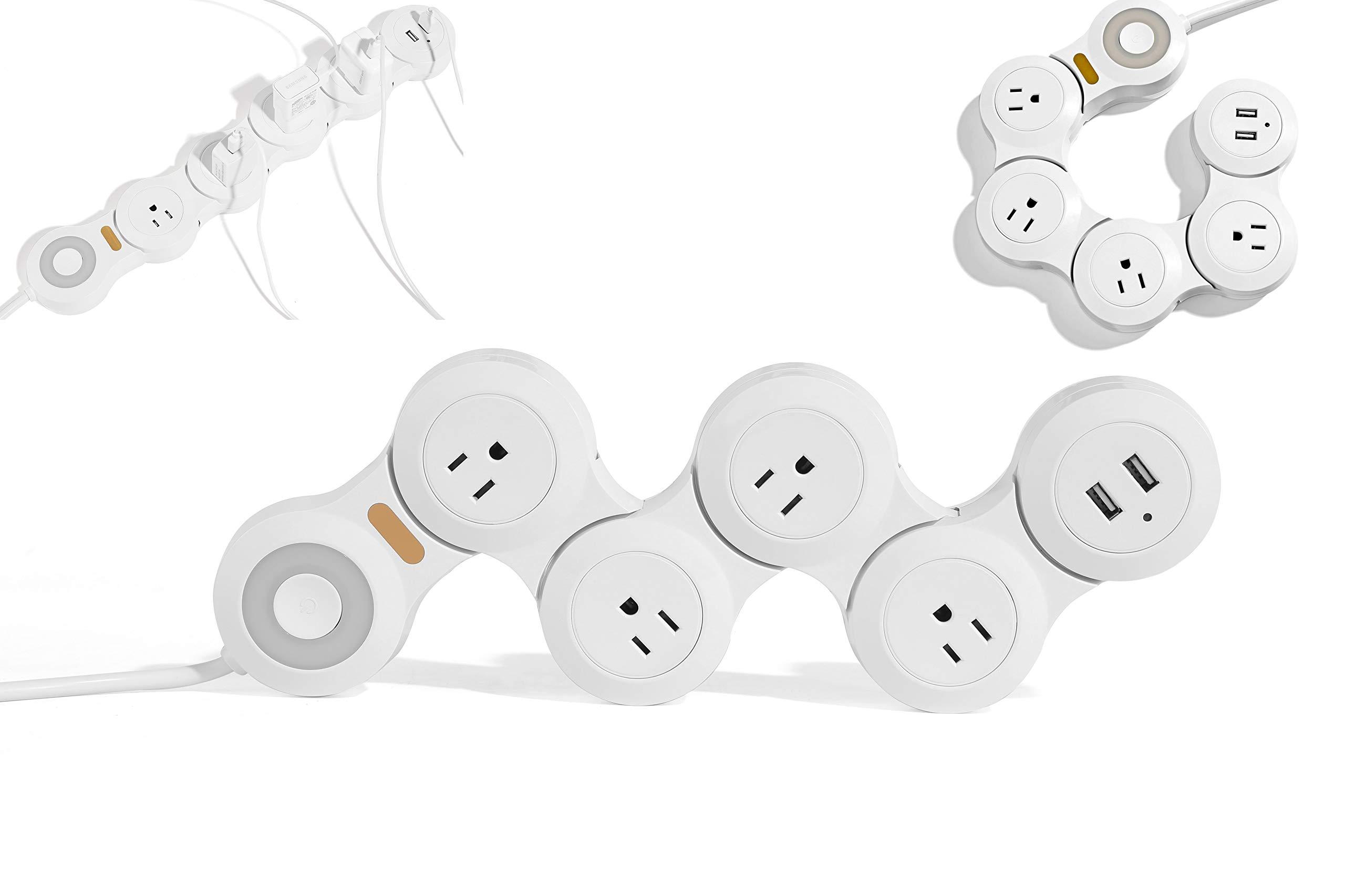 VVONS Flexible Surge Protector Power Strip, 6 Feet Long Cord 4 Outlets 2 USB 10V/13amp Flat Plug with Overload Protection Extension Cord,Suitable for Home Office Travel,White