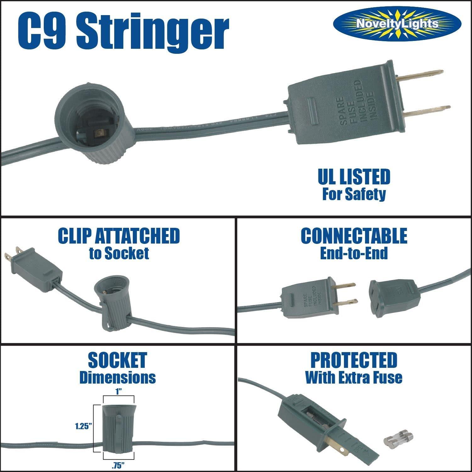 Novelty Lights C9 Multi Christmas String Light Set - Outdoor Christmas Light String - Hanging Christmas Lights - Roofline Light String - Outdoor Patio String Lights - Green Wire - 25 Foot