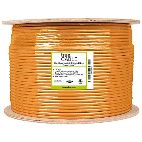 TRUE CABLE trueCABLE Cat6A Shielded Riser (CMR), 1000ft, Orange, 23AWG Solid Bare Copper, 750MHz, PoE++ (4PPoE), ETL Listed, Overall Aluminum Foil Shield (F/UTP), Bulk Ethernet Cable