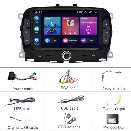 WEPARTICULAR Wireless Carplay Android Auto Car Stereo Compatible for Fiat 500 2016-2019 2Din 7'' Touch Screen 2+32G Android Car Radio Multimedia Player with RDS FM Mirror Link GPS WiFi BT DVR
