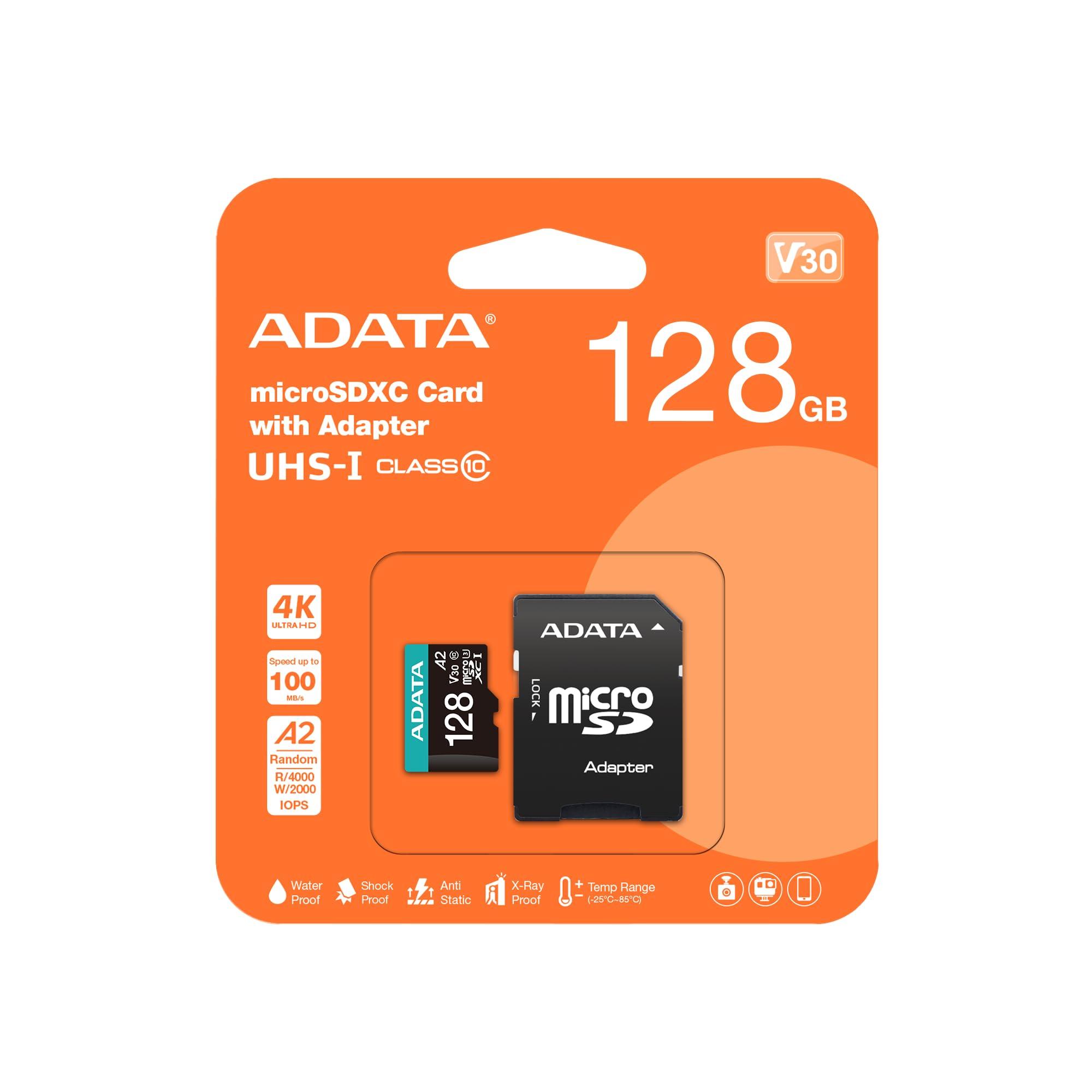 ADATA ADATA Premier Pro 128GB MicroSDXC UHS-I U3 V30 Class 10 A2 MircoSD Memory Card with Adapter AUSDX128GUI3V30SA2-RA1