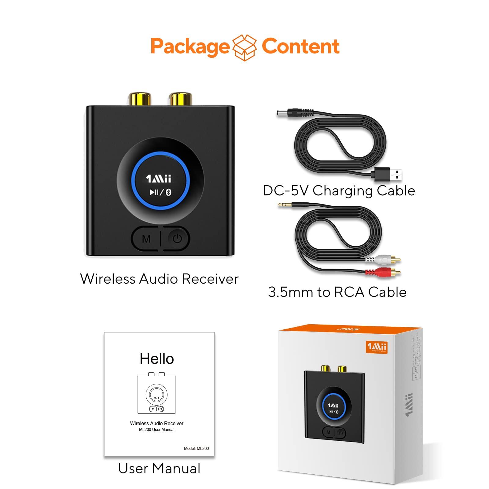 1Mii 1Mii Bluetooth 5.0 Audio Receiver, Wireless Audio Adapter for Home Stereo Music Streaming System with 3.5 mm RCA, Bass Mode, 12hrs Playtime(Upgraded)