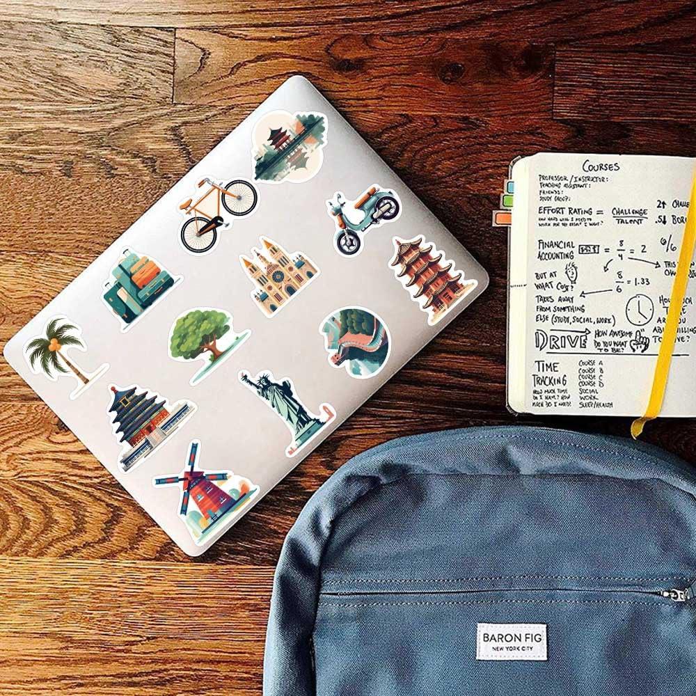 Lemorni World Travel City Stickers for Luggage, 65Pcs Waterproof Vinyl Travel Stickers Pack for Water Bottle, Laptop, Bicycle, Suitcase, Scrapbook, Journal, Cars, Famous City Scenery Decals (City)