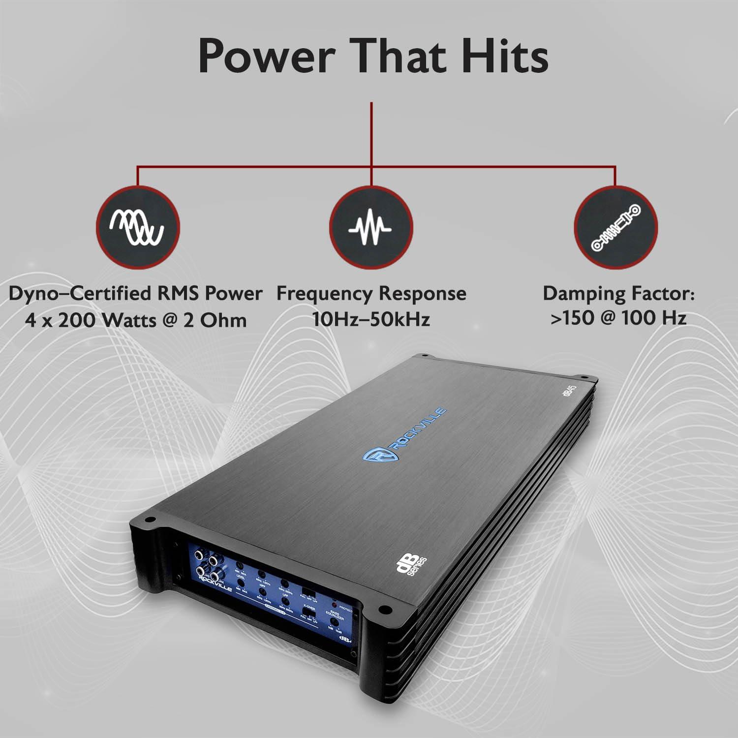 Rockville Rockville dB45 3200W 4-Channel 2-Ohm Car Amplifier, High-Speed MOSFET, Adjustable Crossover, LED, Remote Sub Control, Perfect for Car Audio and Subs