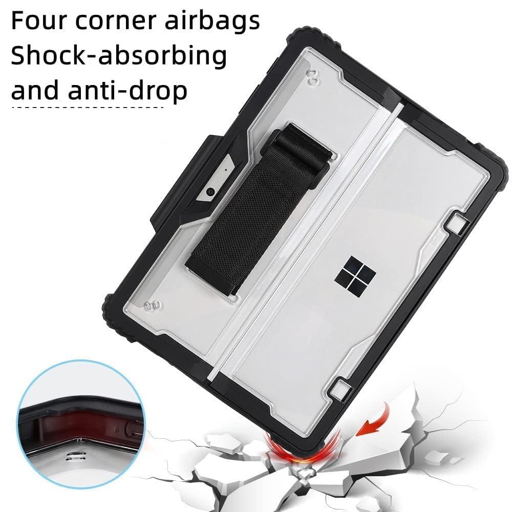 AnMengXinLing Clear Case for Microsoft Surface Go 4 (2023)/ Surface Go3/Go2/Go, Rugged Hard Shell Cover with Shoulder Strap & Hand Strap&Stylus Pen Holder, Compatible with Type Cover Keyboard (Black)