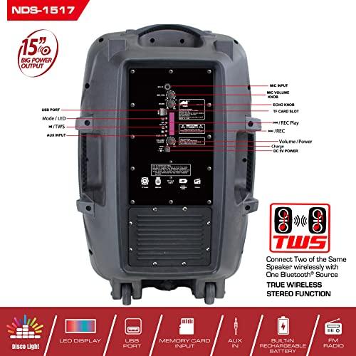 Naxa Electronics Naxa Electronics NDS-1517 Portable Bluetooth Party Speaker with Disco Light, 15-inch, Black, Portable Party Speaker