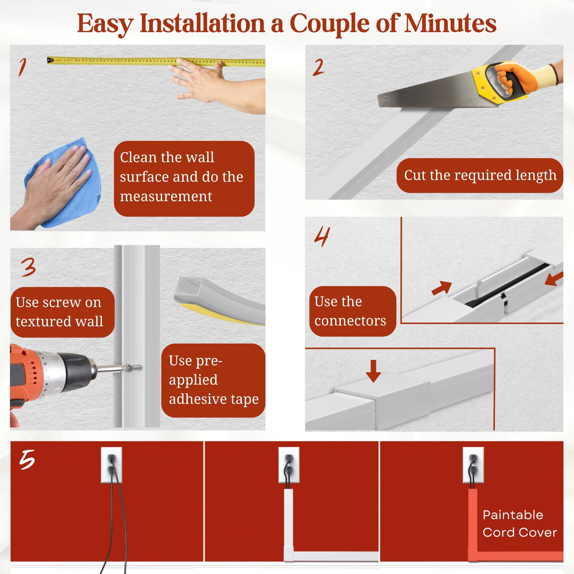 EVZA Ethernet Cable Cover Cord Hider - 315in One-Cord Covers for Wires on Wall, Hide Wires Along Wall, Baby Proof Cable Raceway, Electrical Cord Management, Wire Conduit, Hide Extension Cord, Wire Molding