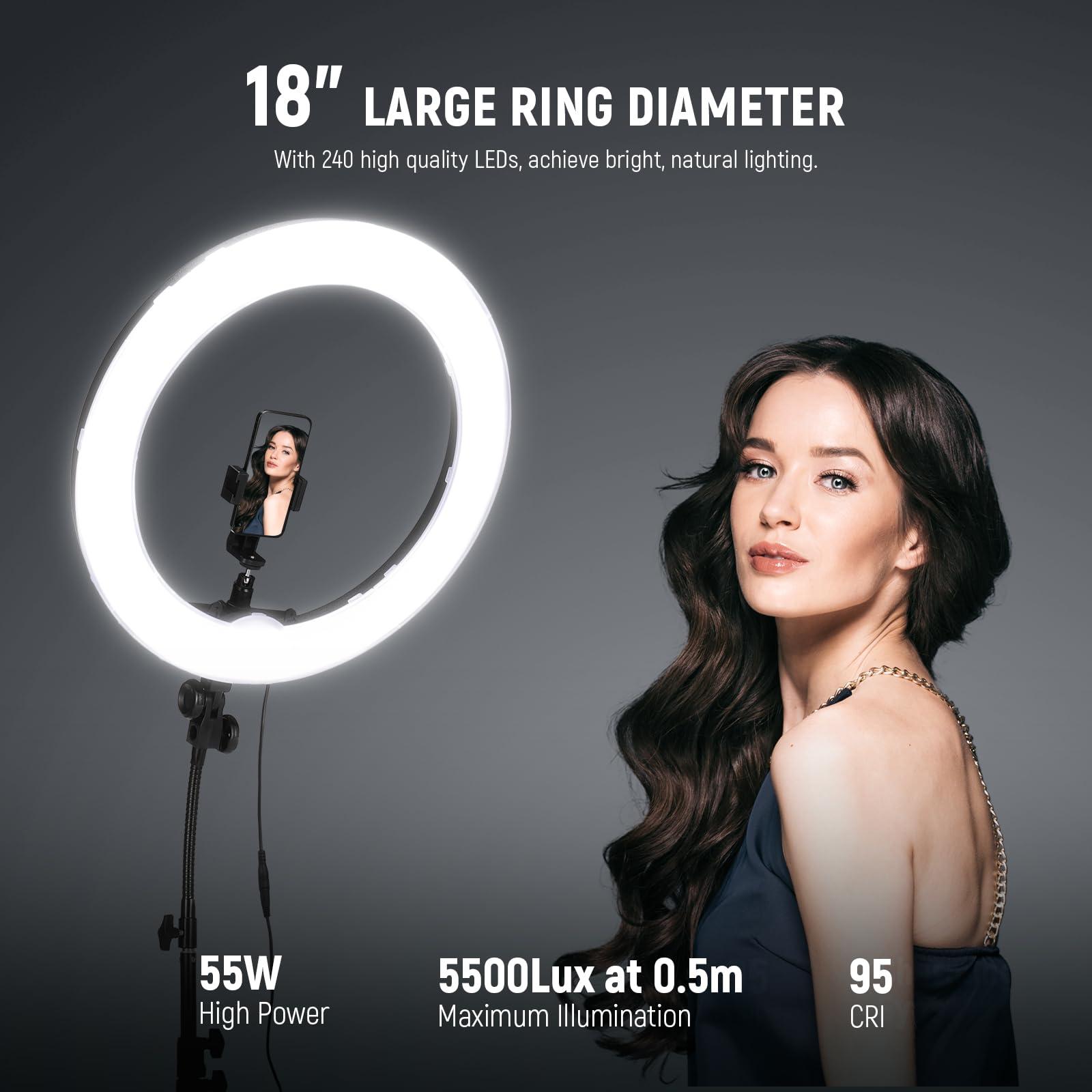 Neewer NEEWER Ring Light 18inch Kit: 55W 5600K Professional LED with Stand and Phone Holder for Tattoo Lash Barber Makeup Video Photography Lighting, RL-18 with Phone Tripod Mount Adapter