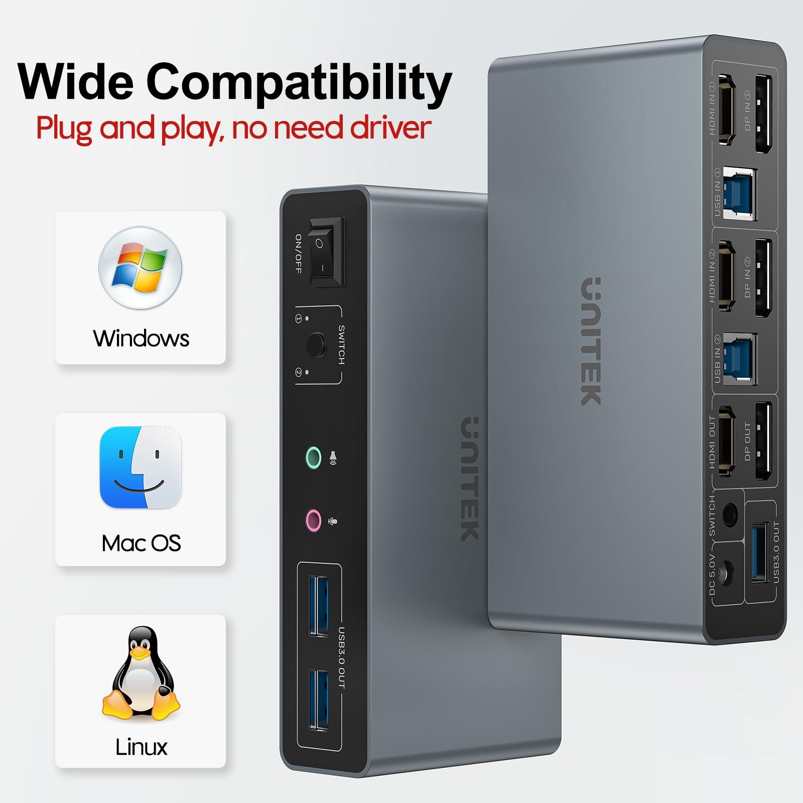 Unitek Unitek KVM Switch 2 Monitors 2 Computers 4K@60Hz HDMI+Displayport Dual Monitor KVM Switches 3 USB Ports for Sharing Keyboard Mouse Hard Drives Mic Headset 2 USB-B Cable DC 5V Adapter Controller