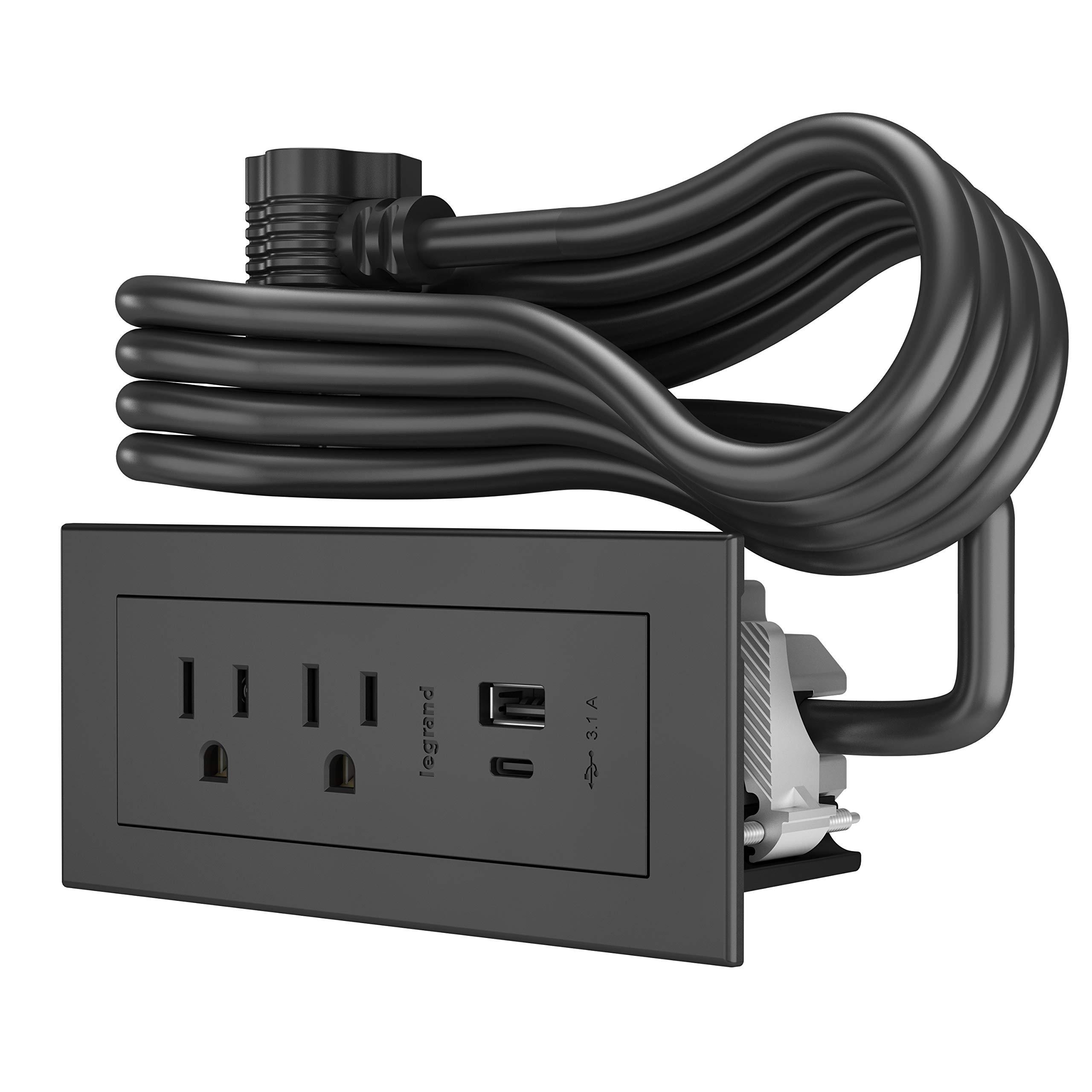 Wiremold Legrand Wiremold RDZCBK radiant Furniture Power Center with USB, Recessed Power Strip, 2 Outlets, Type A/C USB, 6 Foot Cord, Black