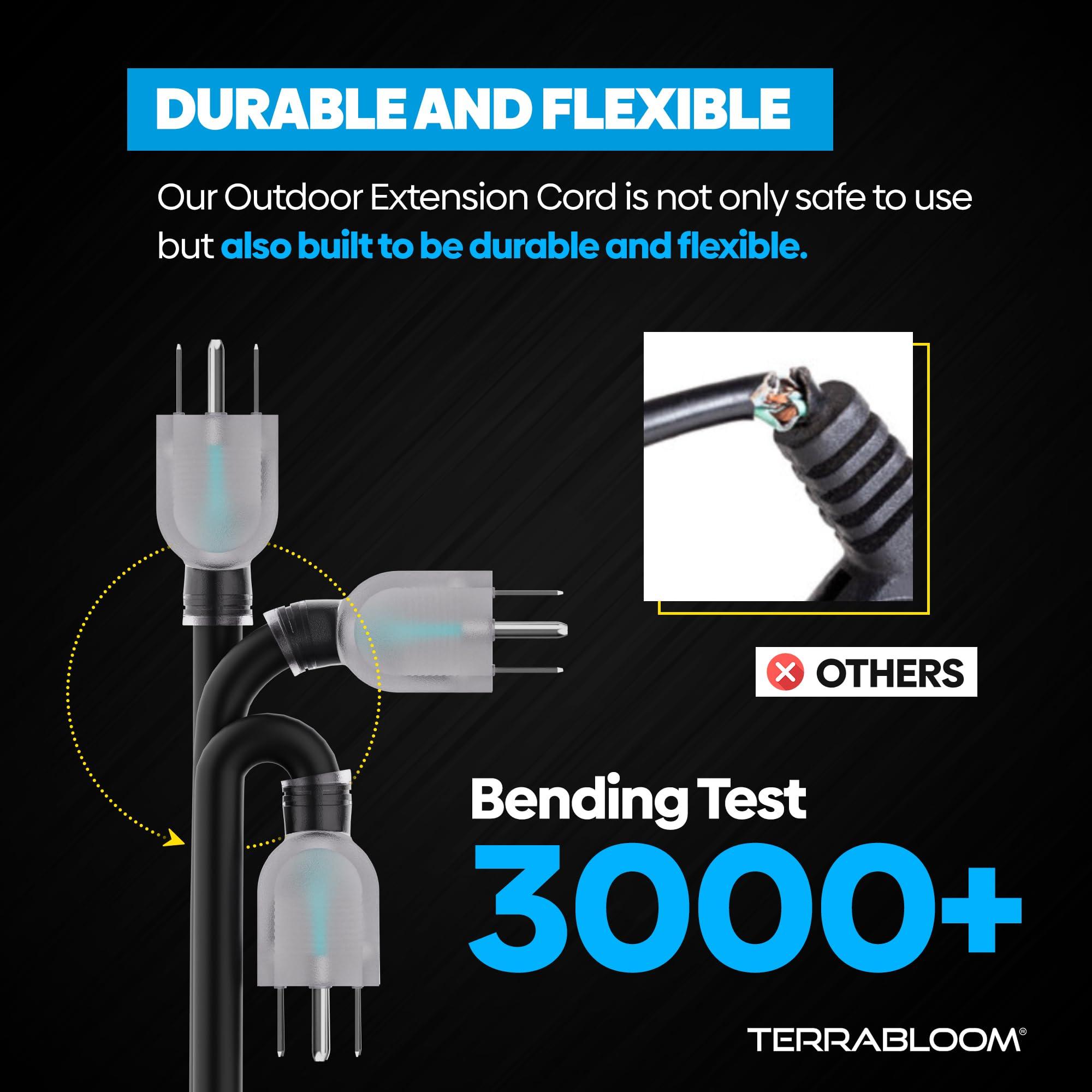 TerraBloom TerraBloom 14/3 Heavy Duty Extension Cord 50 FT Outdoor - Black Outdoor Extension Cord Multiple Outlet - Ultra-Flexible SJEOW Rubber, Light Indicator, Triple Outlet for Maximum Efficiency - 15 Amp