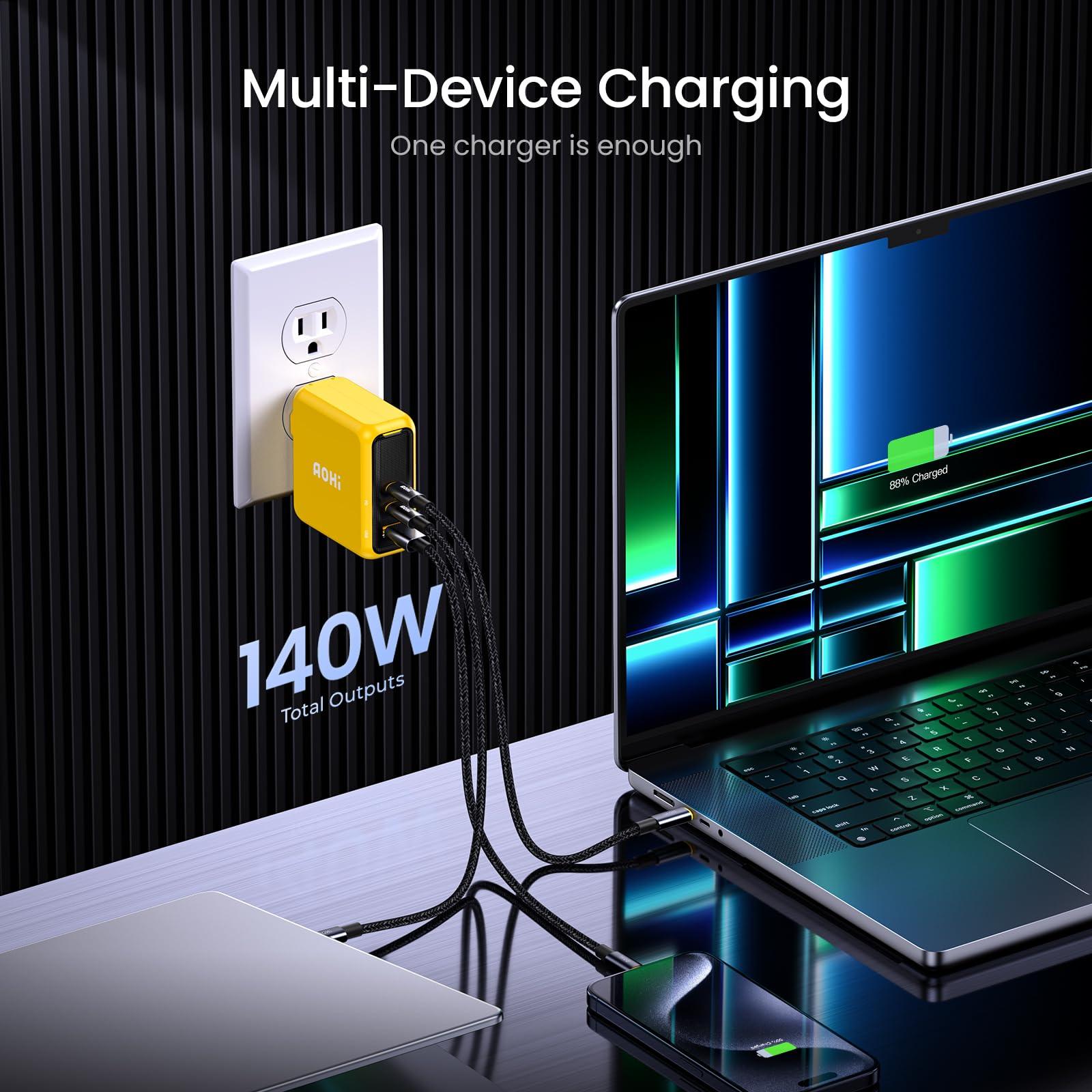 AOHI AOHI Magcube 140W USB C Charger PD3.1 3-Port GaN+ Laptop Wall Charger 100W Fast Charging Power Adapter Foldable Plug for MacBook Pro 16'', Dell XPS, iPad Pro, Galaxy, iPhone 15 Pro, Chromebook, Yellow