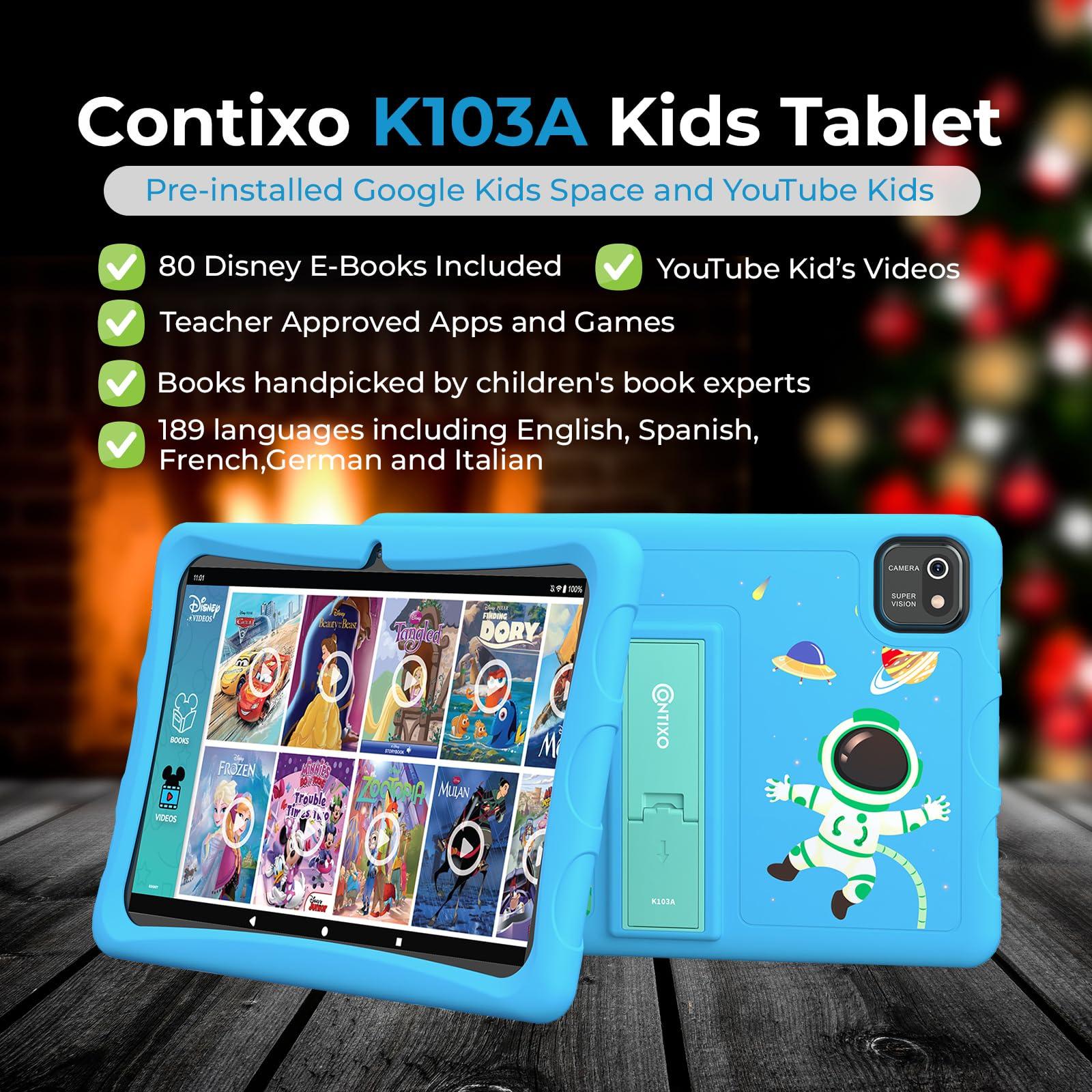 Contixo Contixo K103A Kids Learning Tablet & TB02 10" Protective Sleeve Bag, Toddler Tablet with 80 Disney Storybooks Pre-Installed, Parental Control, Shockproof & Water-Resistant Carrying Case, Blue
