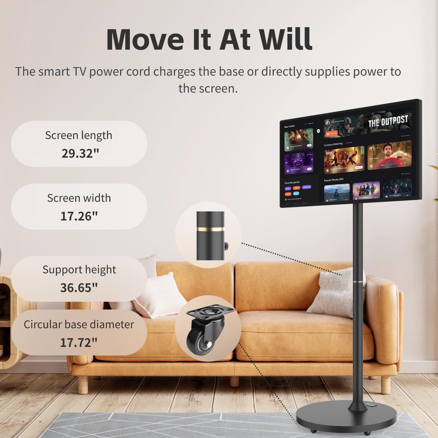 BFSign 32 Inch Portable TV on Wheels, 8G RAM +128GB, 8-core Qualcomm CPU Rolling TV with 19201080 Touch Screen, 4K Camera, Built-in 9000mAh Battery, Android 13 OS,Full Swivel Rotation