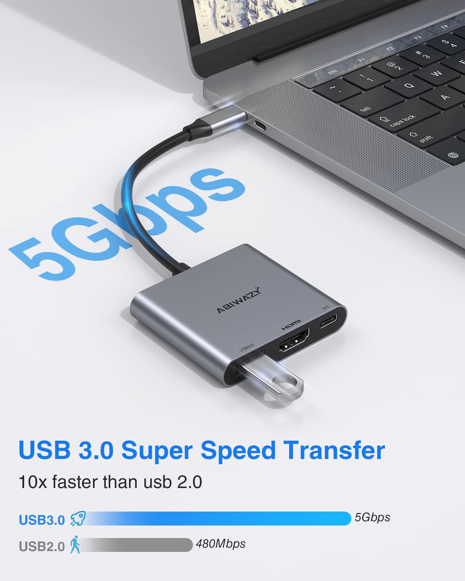 ABIWAZY USB C to HDMI Multiport Adapter with 4K HDMI Output,Type-C Hub Converter to 4K HDMI USB 3.0 PD Charging Port,USB-C Digital AV Multiport Adapter for MacBook Pro/air,iPad Pro &More USB-C Devices(Grey)