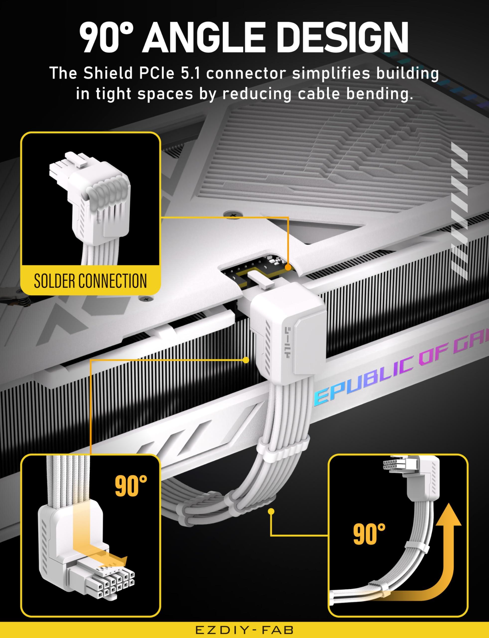 EZDIY-FAB EZDIY-FAB Shield PCIE 5.1 GPU Extension Cable with 90 Degree 12V-2x6 Angle Adapter,16pin (12+4) 12VHPWR PCIe 5.1 PSU Cable Extension for RTX 40 Series with Combs-Reverse Type-White
