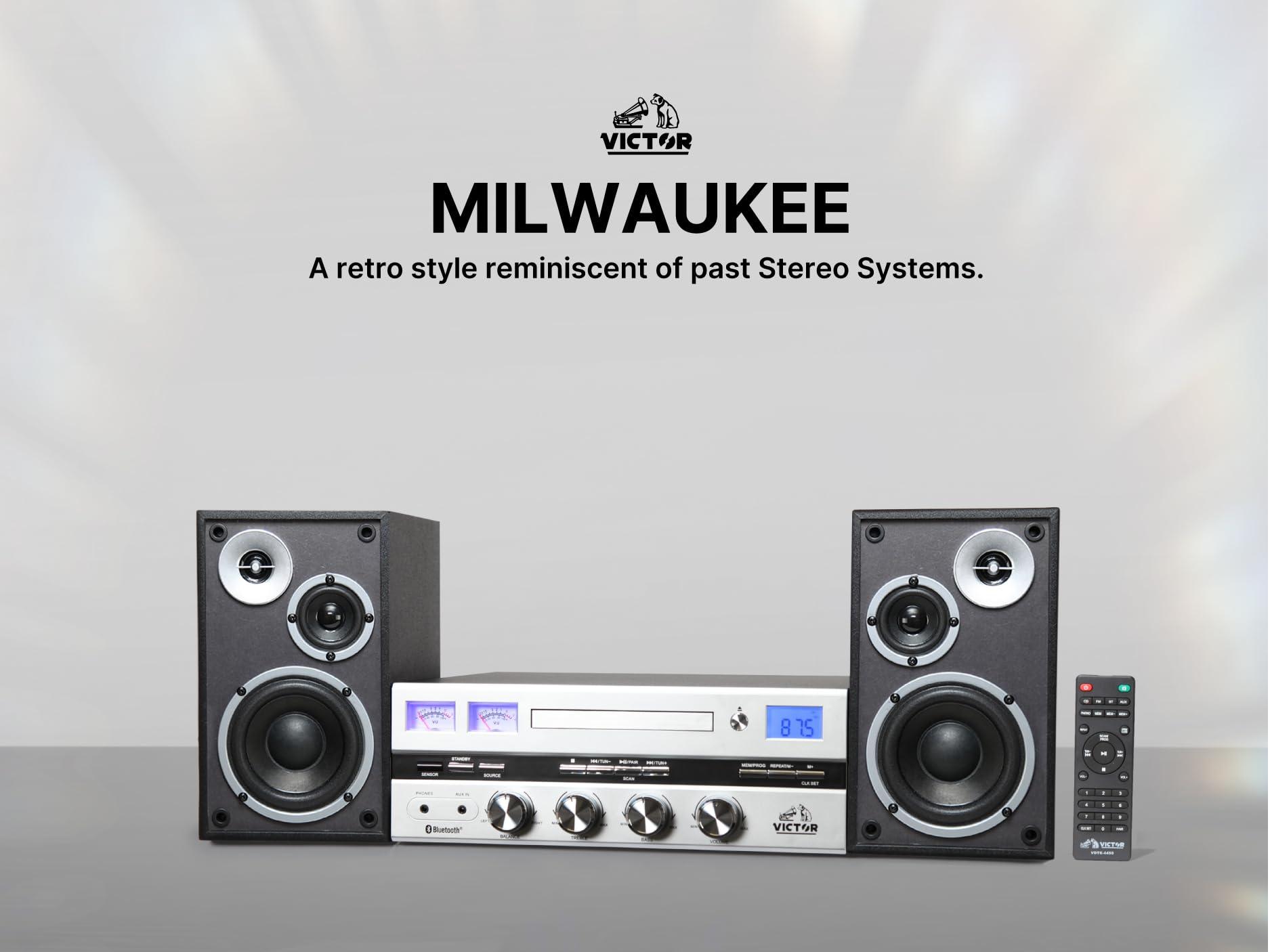 VICTOR Victor VDTS-4450 Milwaukee 50 Watt Desktop CD Stereo System with Bluetooth, Square VU Meters, Remote Control, and Detached Speakers Ideal for Home or Office Music Listening