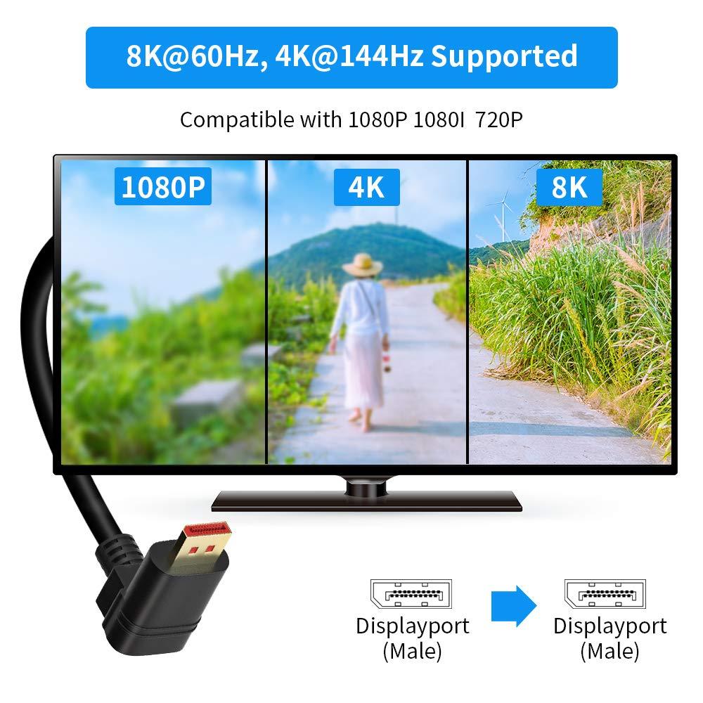 BolAAzuL 90 Degree Displayport 1.4 Adapter Cable, BolAAzuL Right Angle Display Port Cable Downward Angled 8K/60Hz, 4K/144Hz 6ft/1.8m Male/Male High Speed for SSUPD Meshlicious/Vertical Mounted GPU