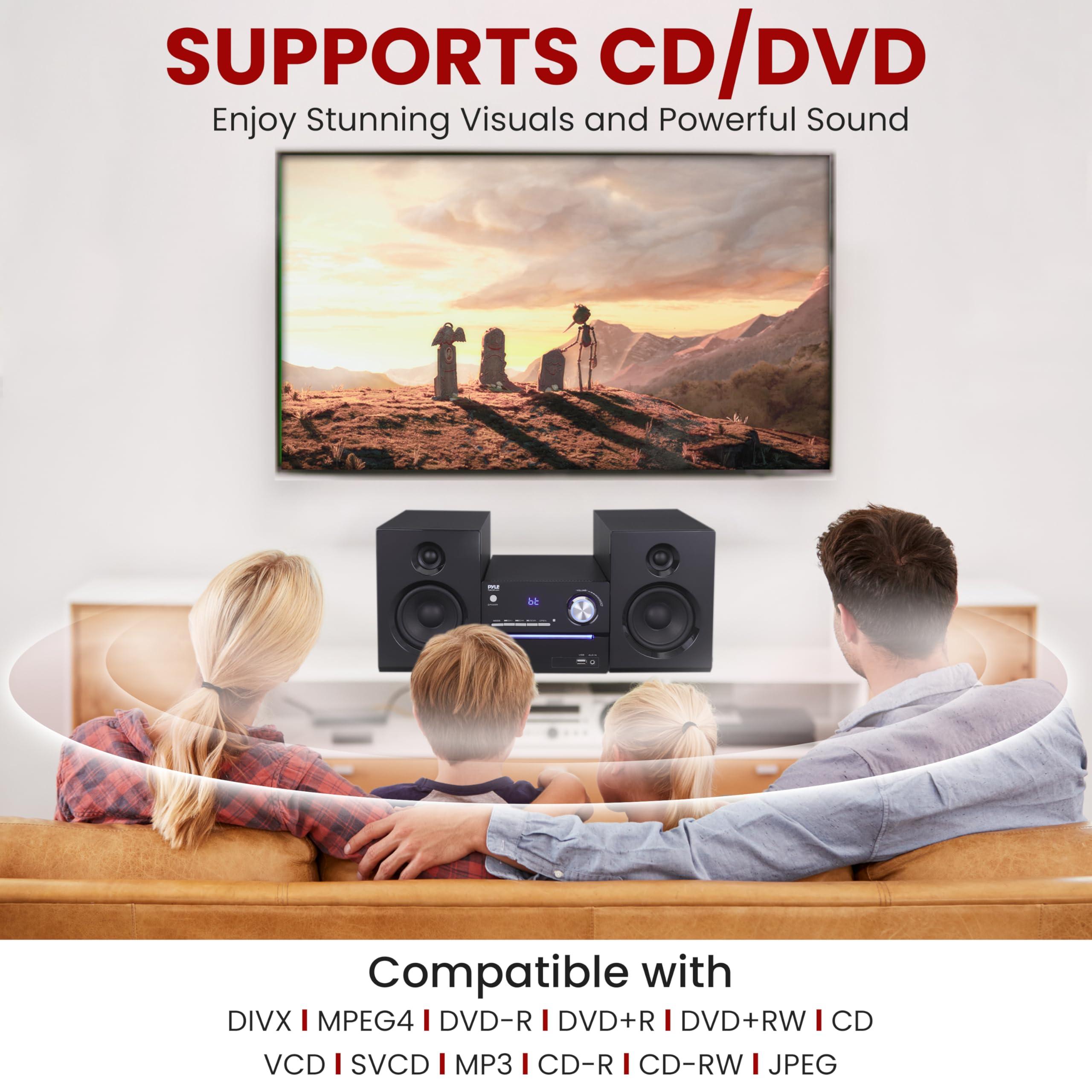 Pyle Pyle CD/DVD P.M.P.O Stereo System, 3-pc Wireless BT Streaming 6 Ohm Two-Way Wooden Speaker Box and Subwoofer, Digital Amplifier IC with MP3, USB, FM Radio, Bass Reflex Speaker