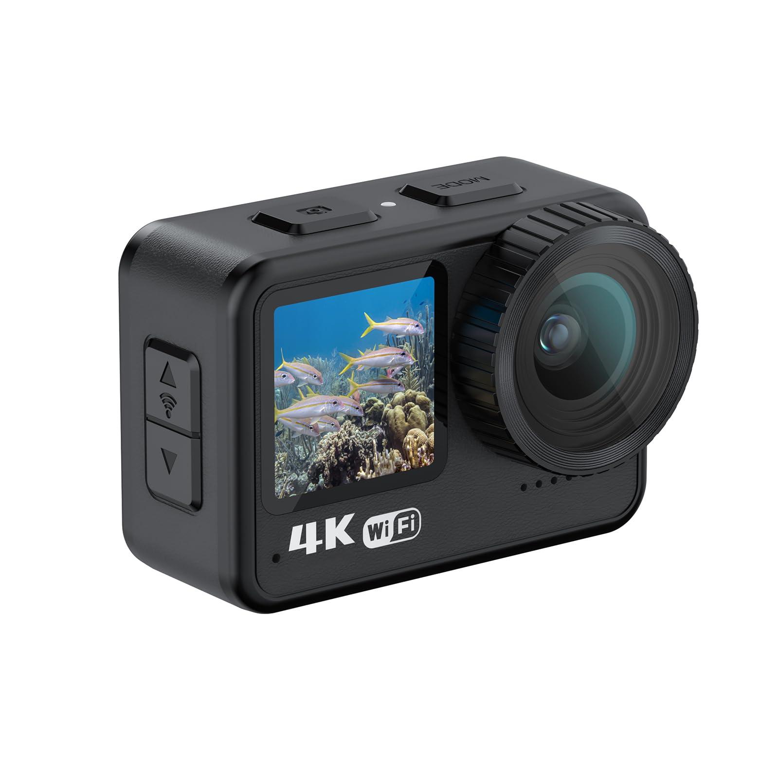 Andoer Andoer 4K 60FPS Action Camera 24MP WiFi Sports Camera 170Wide Angle Lens Dual Screen Touch Control Anti-Shake 21M/69ft Body Waterproof with Mounting Accessories Kit for Diving Surfing Skiing Cycling