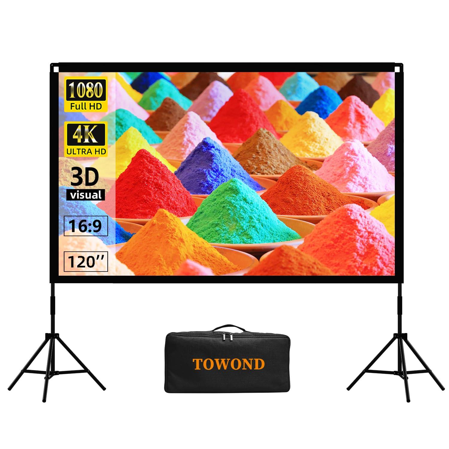TOWOND Projector and Screen Outdoor Combo, Towond 120 inch Projection Screen with Stand Wrinkle-Free Foldable with Carry Bag, Mini Projector with Android TV 11.0 1080P Movie Projector with WiFi and Bluetooth