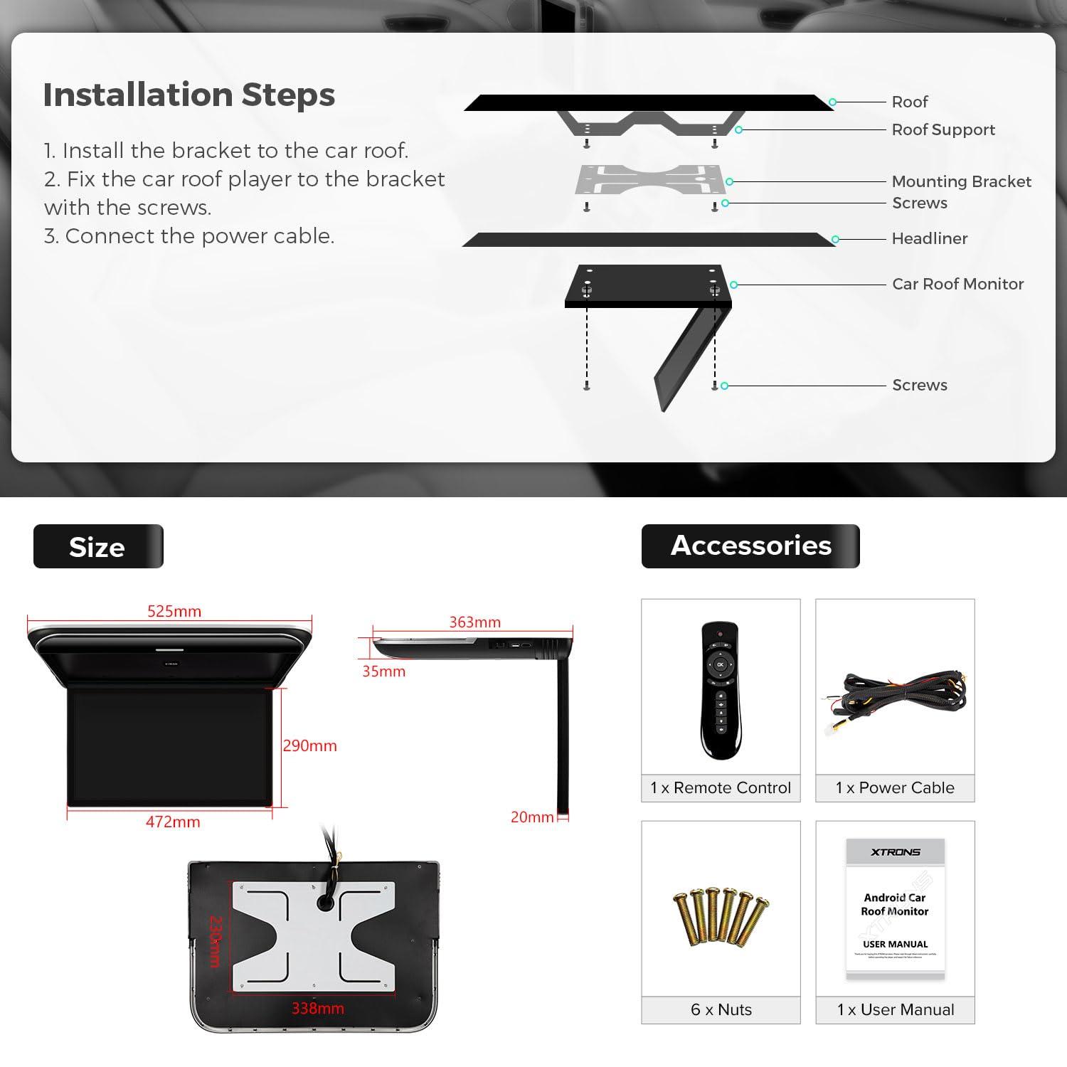 XTRONS XTRONS Android Car Overhead Player 19.5 Inch Wide IPS Screen 8K Video Car Roof Mount Monitor with Built-in Stereo Speakers Flip Down Overhead Car Monitor Support WiFi, HDMI Input, USB, RCA Input