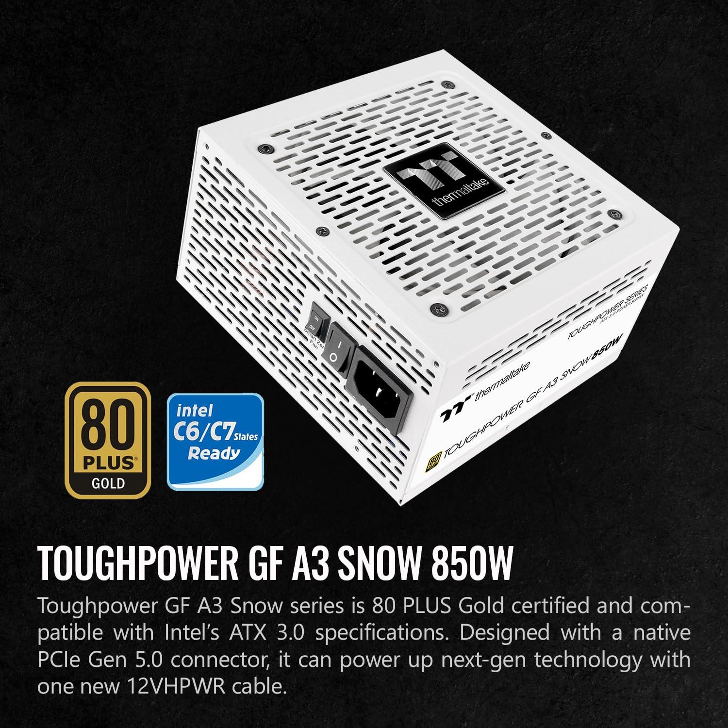 Thermaltake Thermaltake Toughpower GF A3 Snow Edition 850W 80+ Gold Full Modular SLI/Crossfire Ready ATX 3.0 Power Supply; PCIe Gen.5 450W 12VHPWR Connector Included; PS-TPD-0850FNFAGU-N; 10 Year Warranty