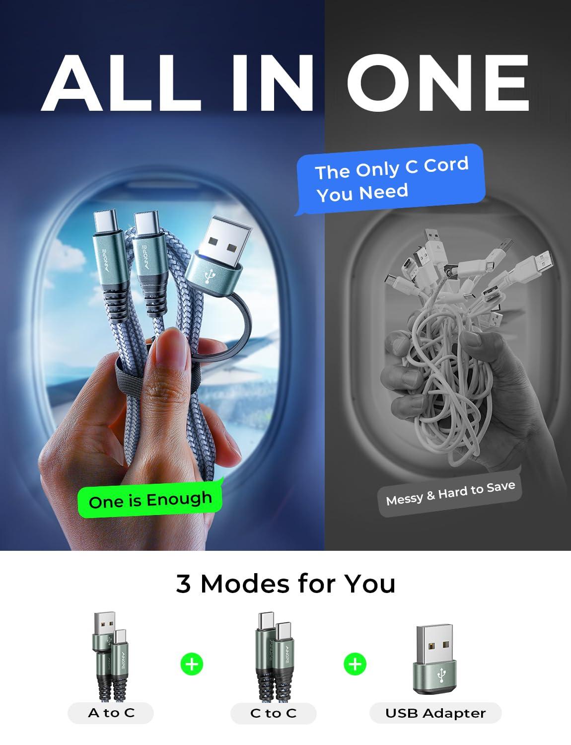 AINOPE AINOPE USB C to USB C Cable, 10 FT USB C Cable Fast Charging with Type C to USB Adapter, 60W USB to USBC Cable for iPhone 16 Pro Max Plus 15 14 13 12 Samsung 25 Ultra iPad MacBook Switch, Grey