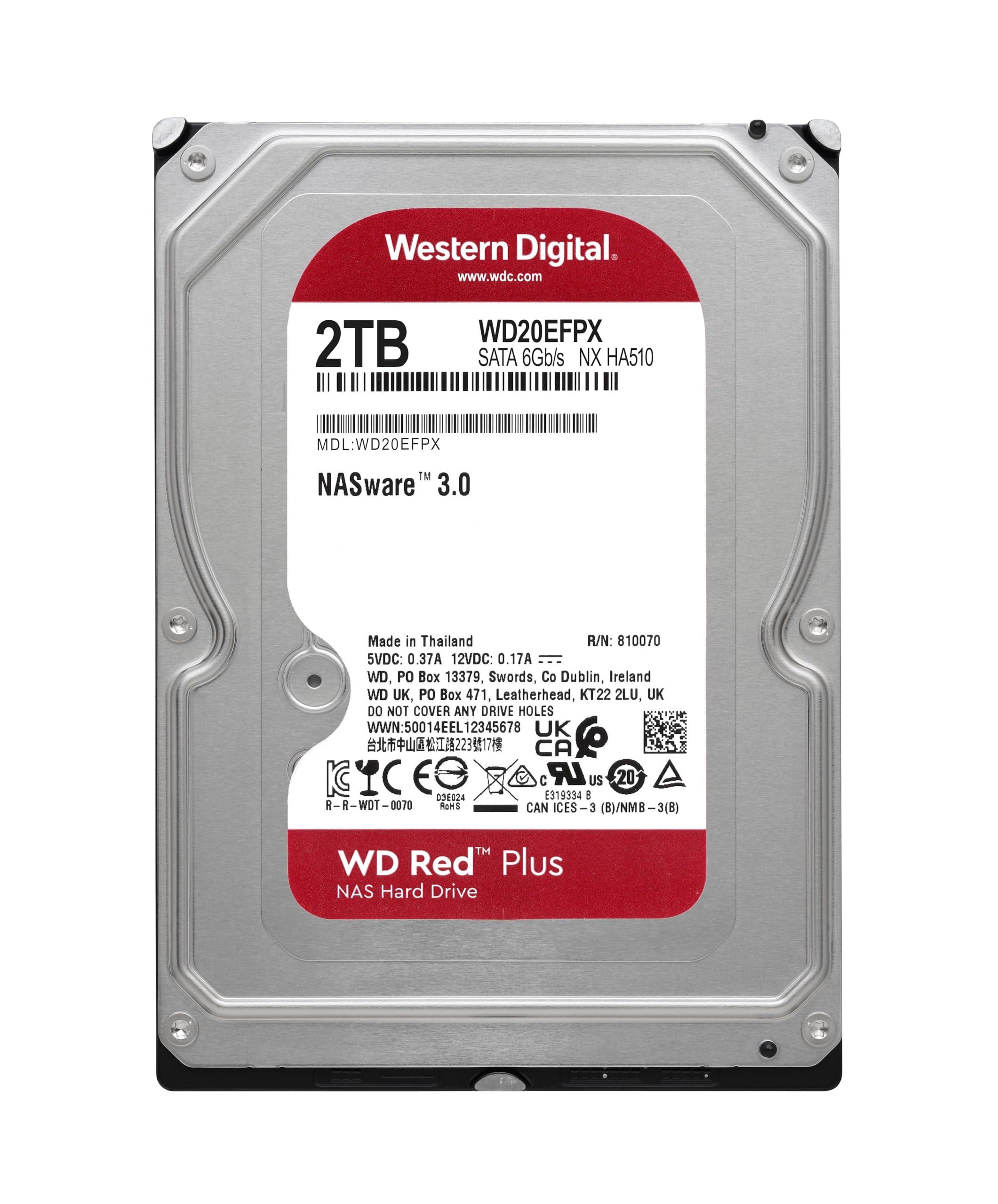 Western Digital Western Digital 2TB WD Red Plus NAS Internal Hard Drive HDD - 5400 RPM, SATA 6 Gb/s, CMR, 64 MB Cache, 3.5\" -WD20EFPX (Renewed)