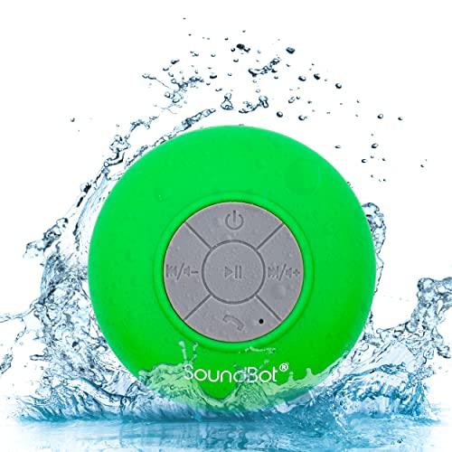 Soundbot Soundbot SB510 HD Water Resistant Bluetooth Shower Speaker, Handsfree Portable Speakerphone with Built-in Mic, 6hrs of Playtime, Control Buttons and Dedicated Suction Cup for Showers (Green)
