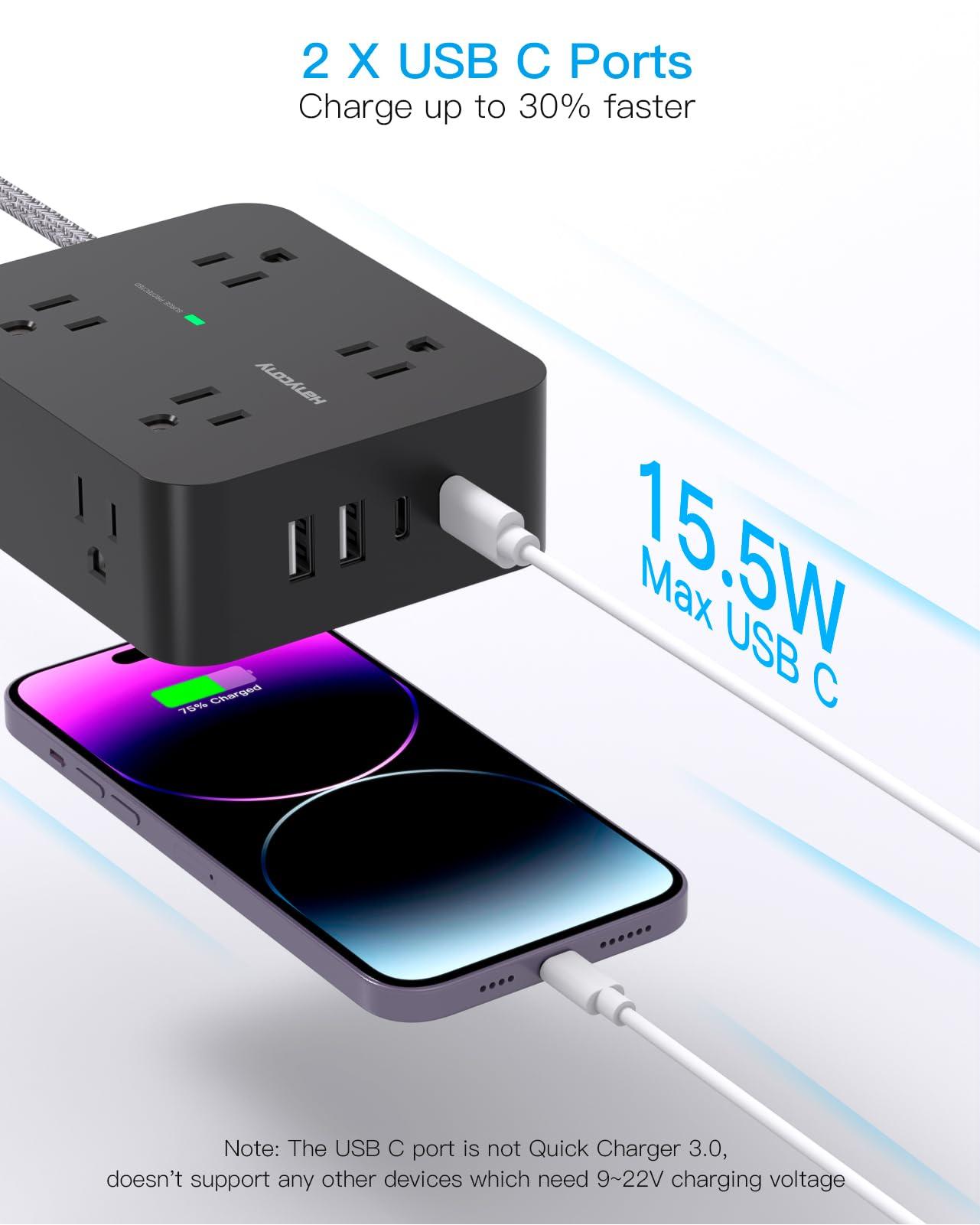 HANYCONY Power Strip Surge Protector, HANYCONY 8 Outlets with 4 USB Charging Ports(2 USB C), 3 Side Outlet Extender with 5 Ft Extension Cord, Flat Plug, Wall Mount, Desk Charging Station for Home Office ETL