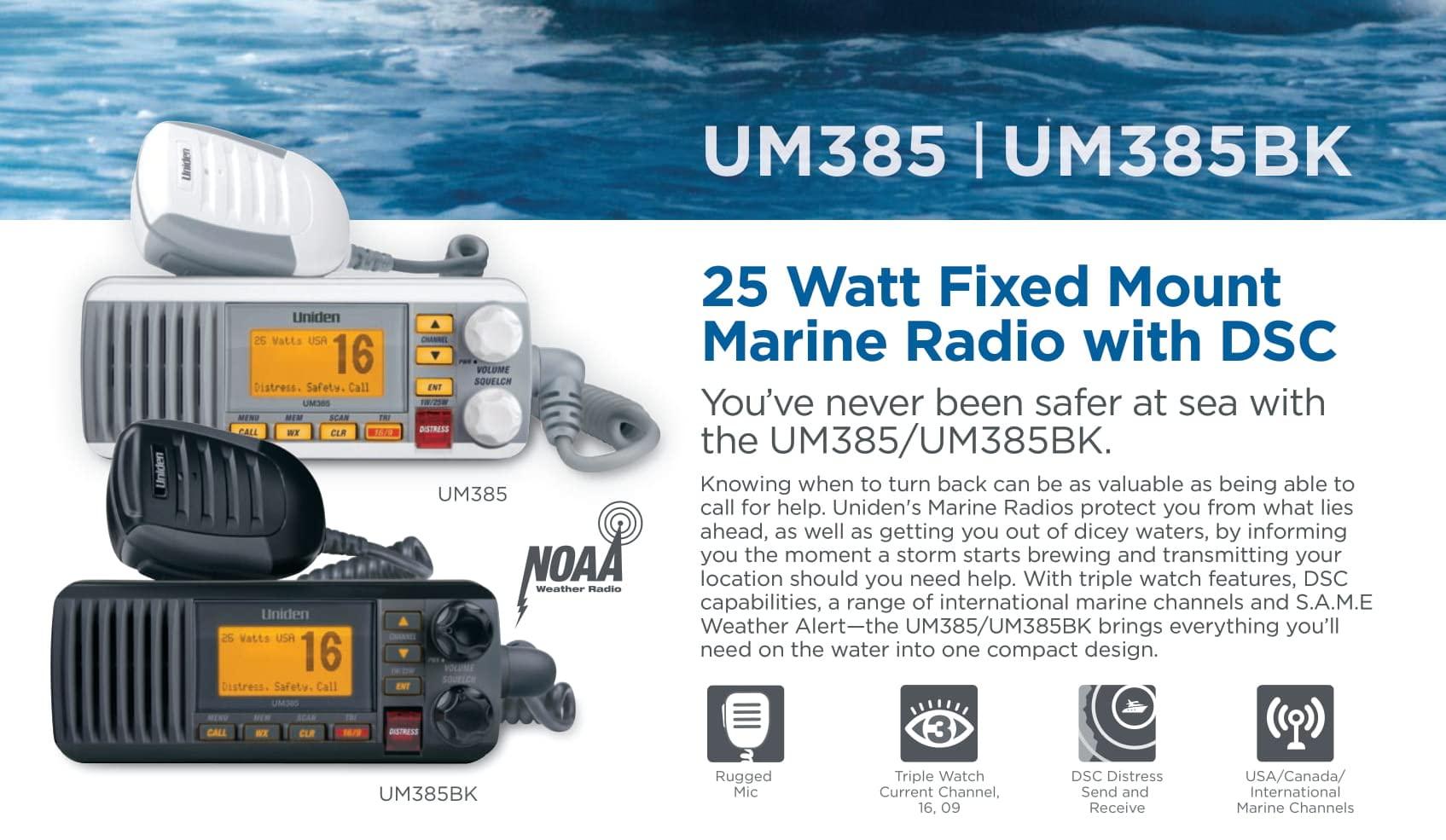 Uniden Uniden UM385 25 Watt Fixed Mount Marine Vhf Radio, Waterproof IPX4 with Triple Watch, Dsc, Emergency/Noaa Weather Alert, All Usa/International/Canadian Marine Channels, Memory Channel Scan, White