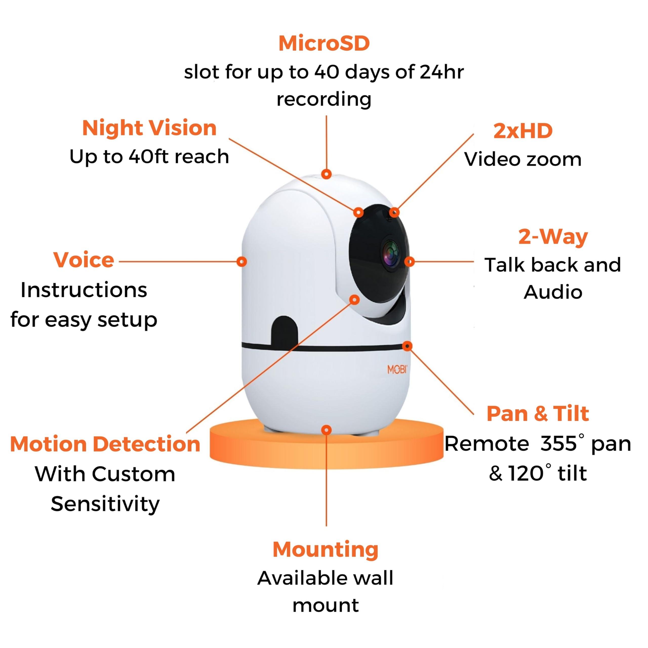 MOBI MOBI MobiCam HDX Wi-Fi Pan & Tilt Smart Pet Monitoring Camera, Pet Video Monitor, Night Vision IP Camera, Motion Detection, Full HD, Two-Way Audio, Remote View & Recording with Free Smart App