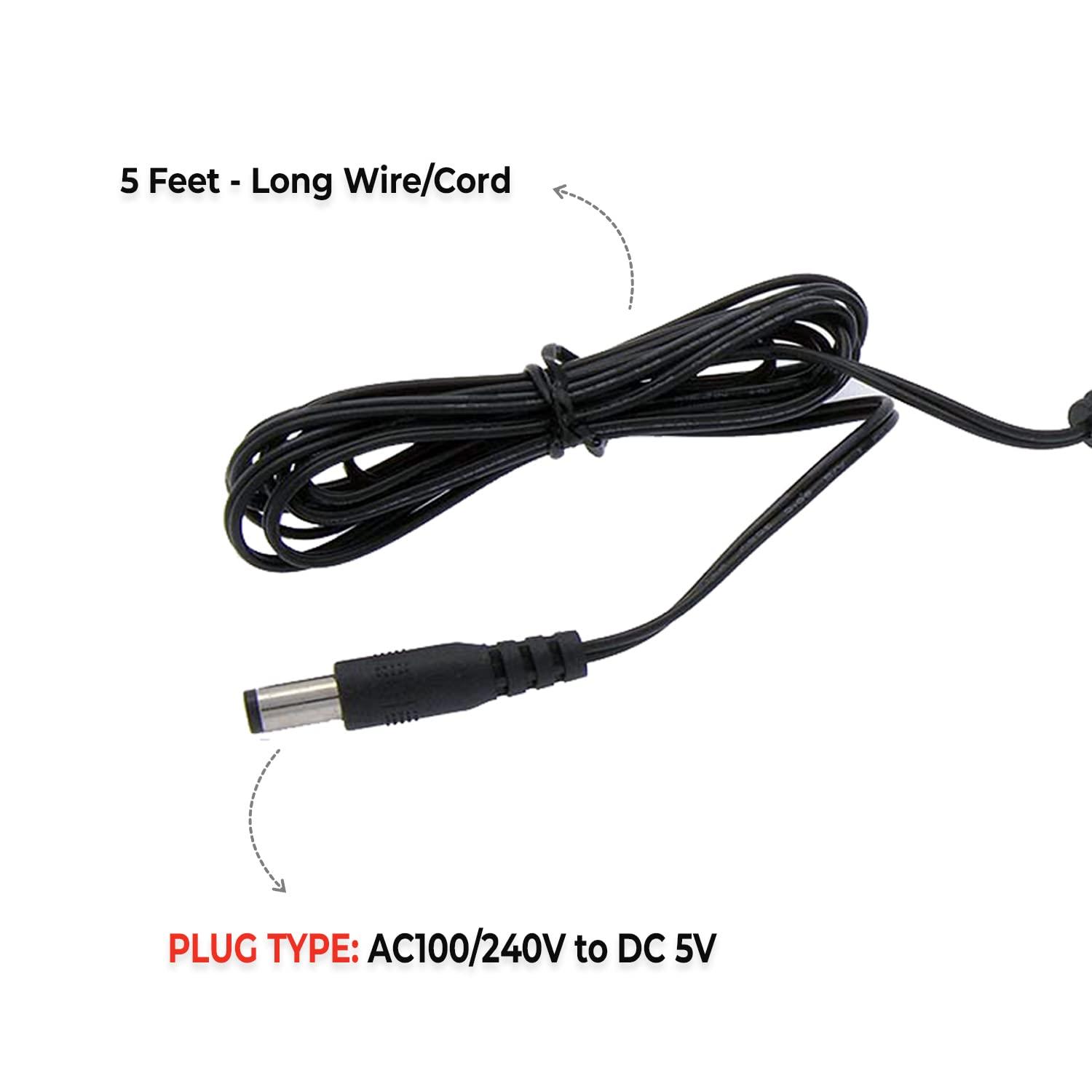 Cable Central LLC Cable Central LLC (5 Pack) DC Power Adapter - 5V / 500mA, 2.1/5.5mm Plug - AC100/240V to DC 5V - DC Power Supply for Router, Speaker, Tablet, Camera, Webcam, USB Hub and TV Box - 5 Feet Long Cord