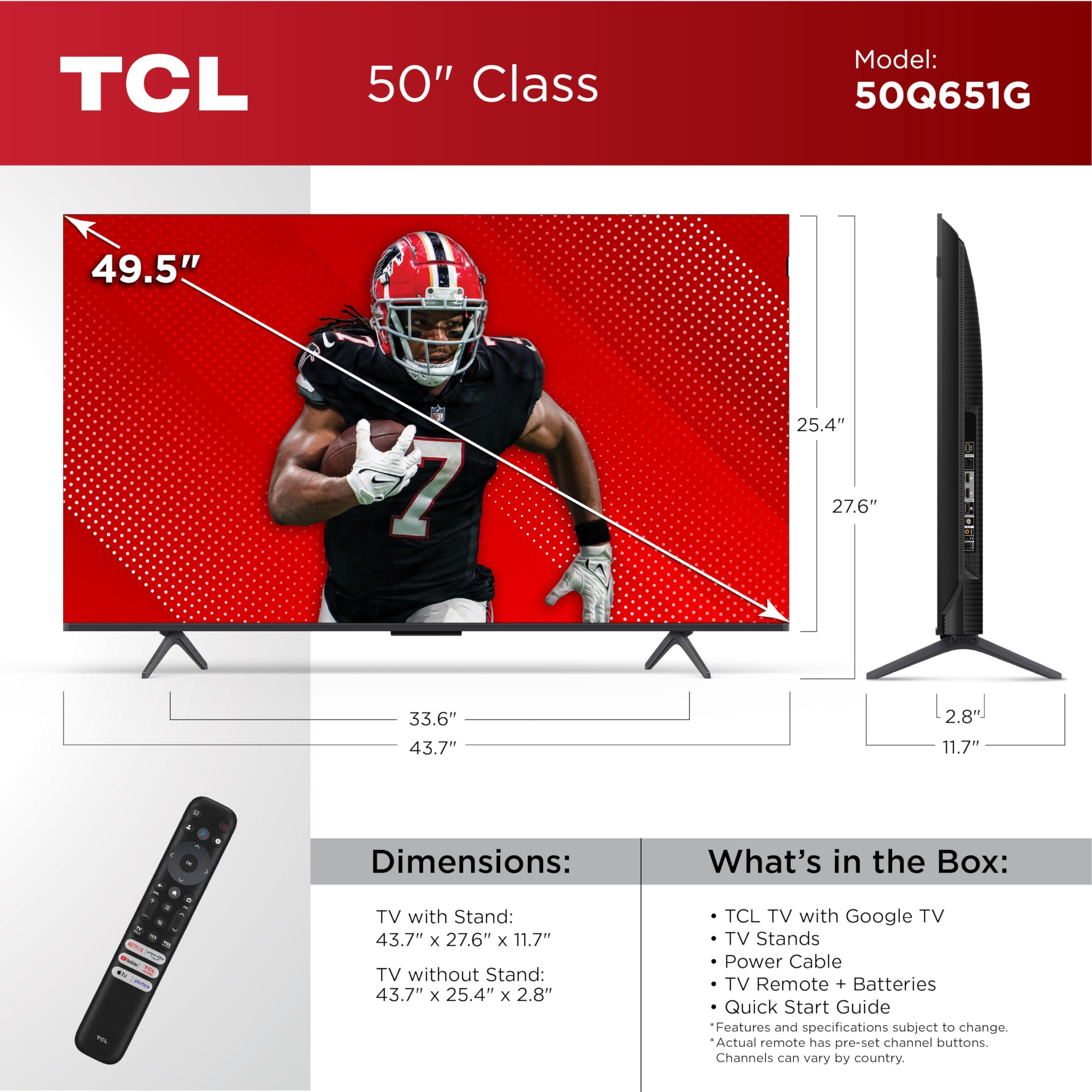 TCL TCL 50-Inch Q65 QLED 4K UHD Smart TV with Google TV (50Q651G, 2024 Model) Dolby Vision, Dolby Atmos, HDR Pro+, Game Accelerator Enhanced Gaming, Voice Remote, Works with Alexa, Streaming Television